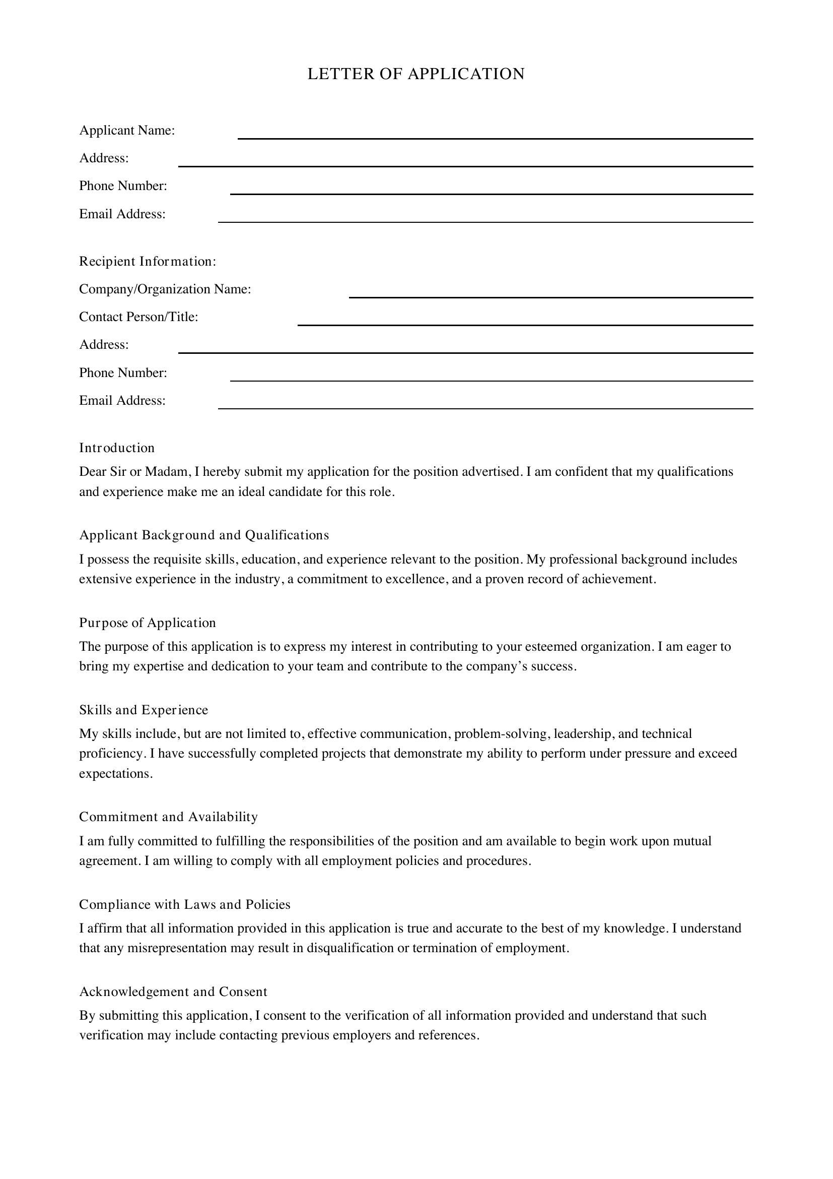 Letter Of Application Template - US