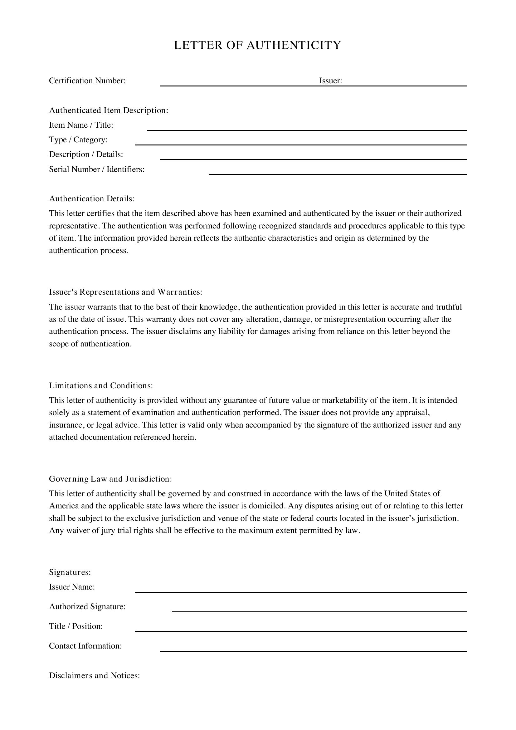 Letter Of Authenticity Template - US