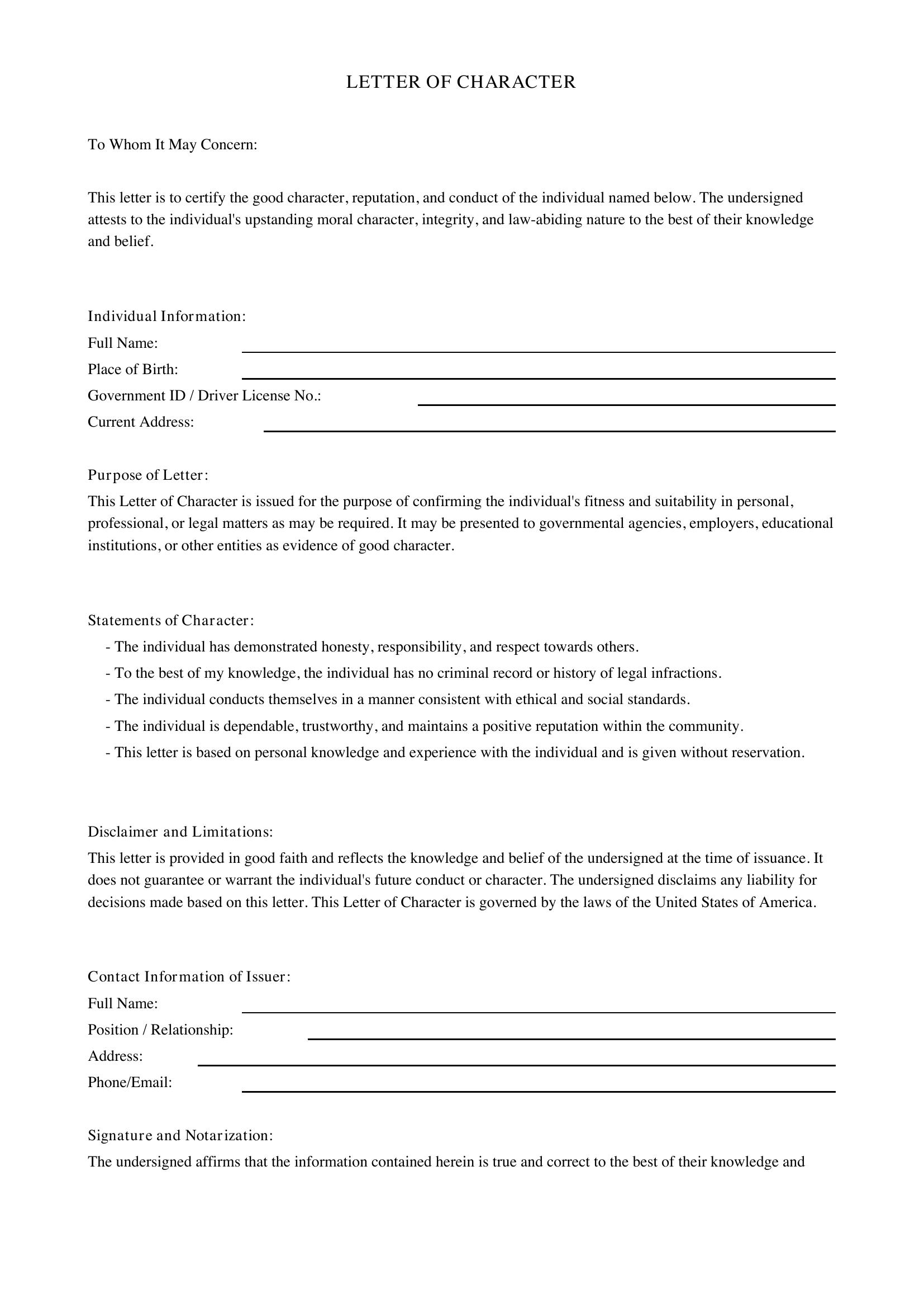 Letter Of Character Template - US