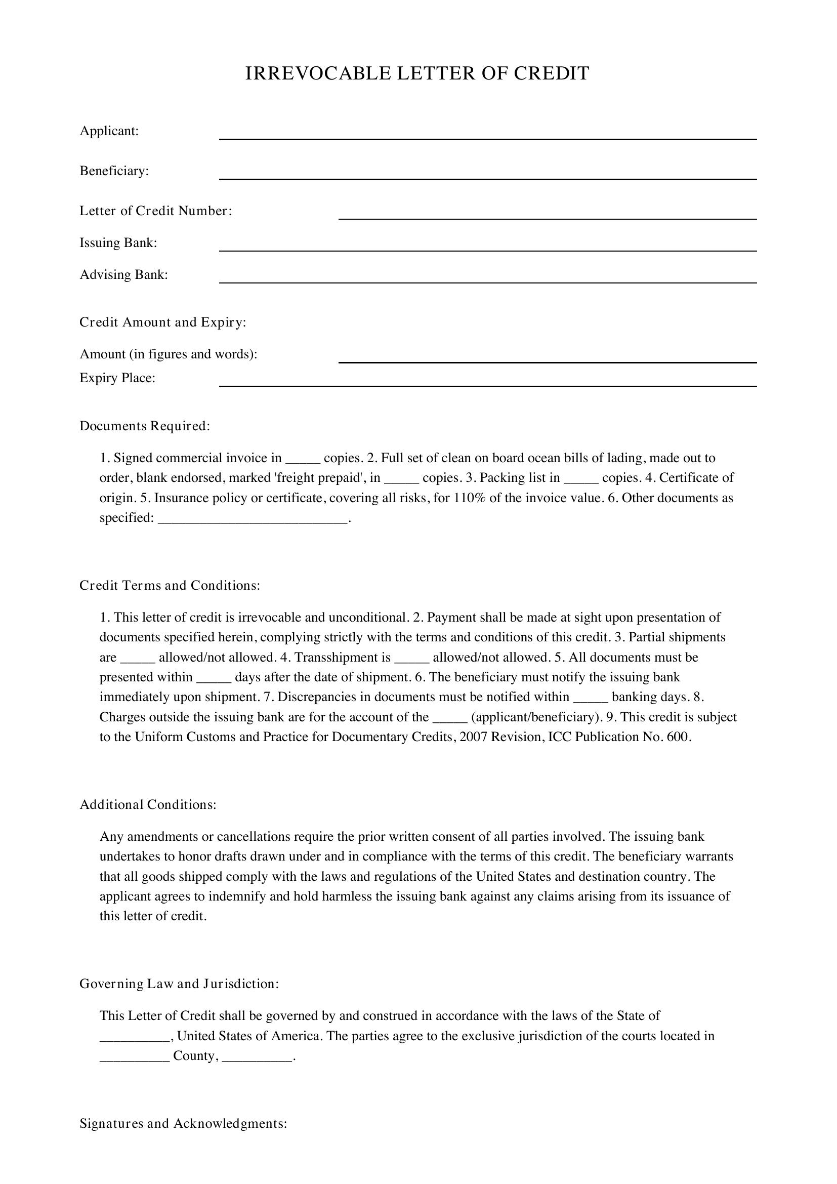 Letter Of Credit Template - US
