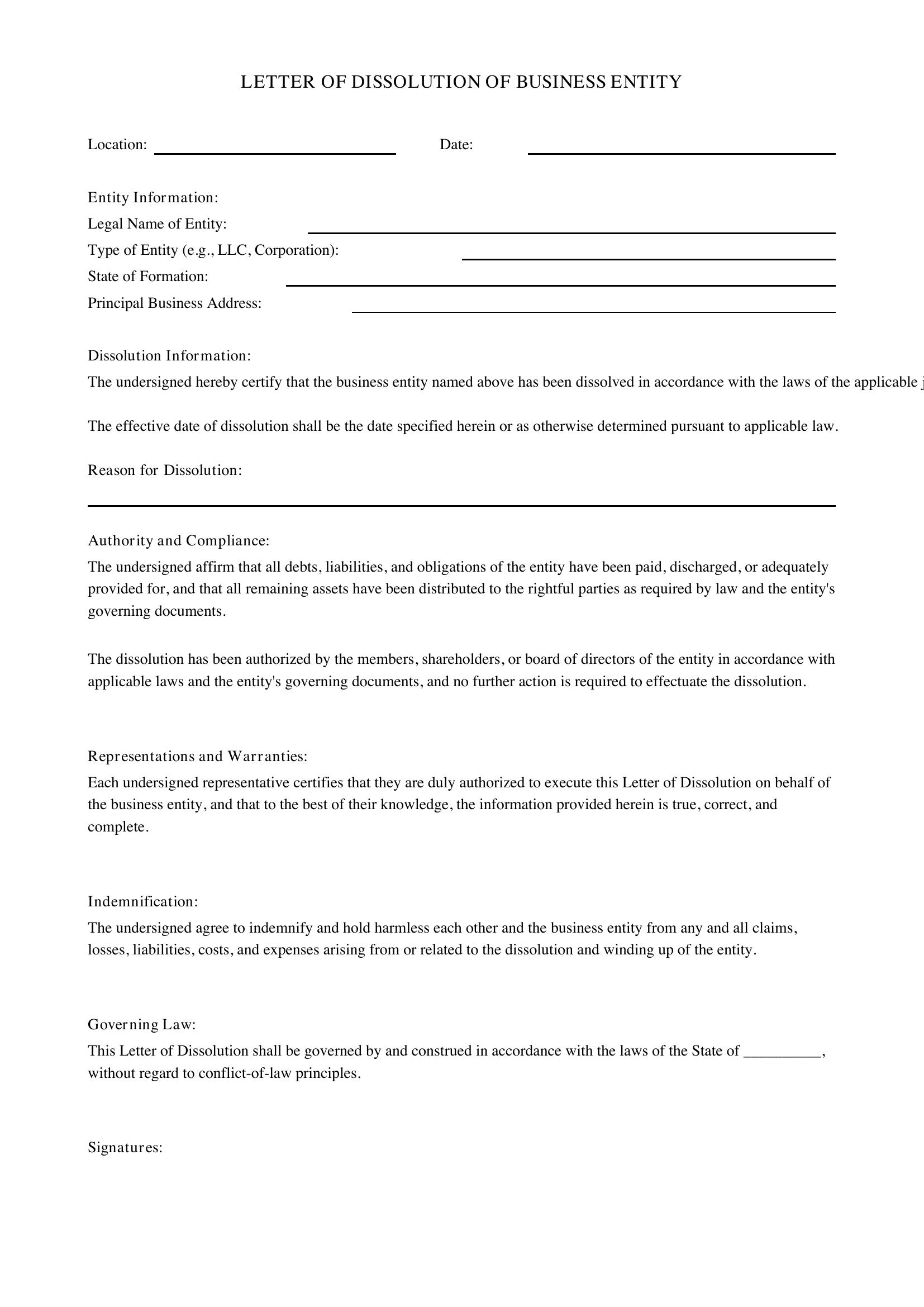 Letter Of Dissolution Template - US