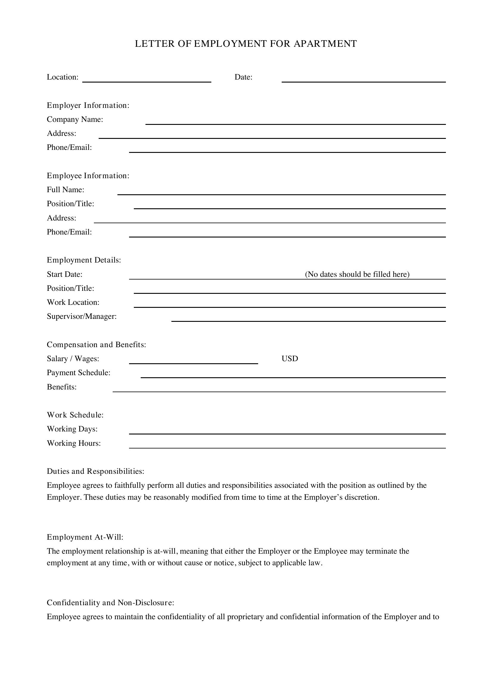 Letter Of Employment For Apartment Template - US