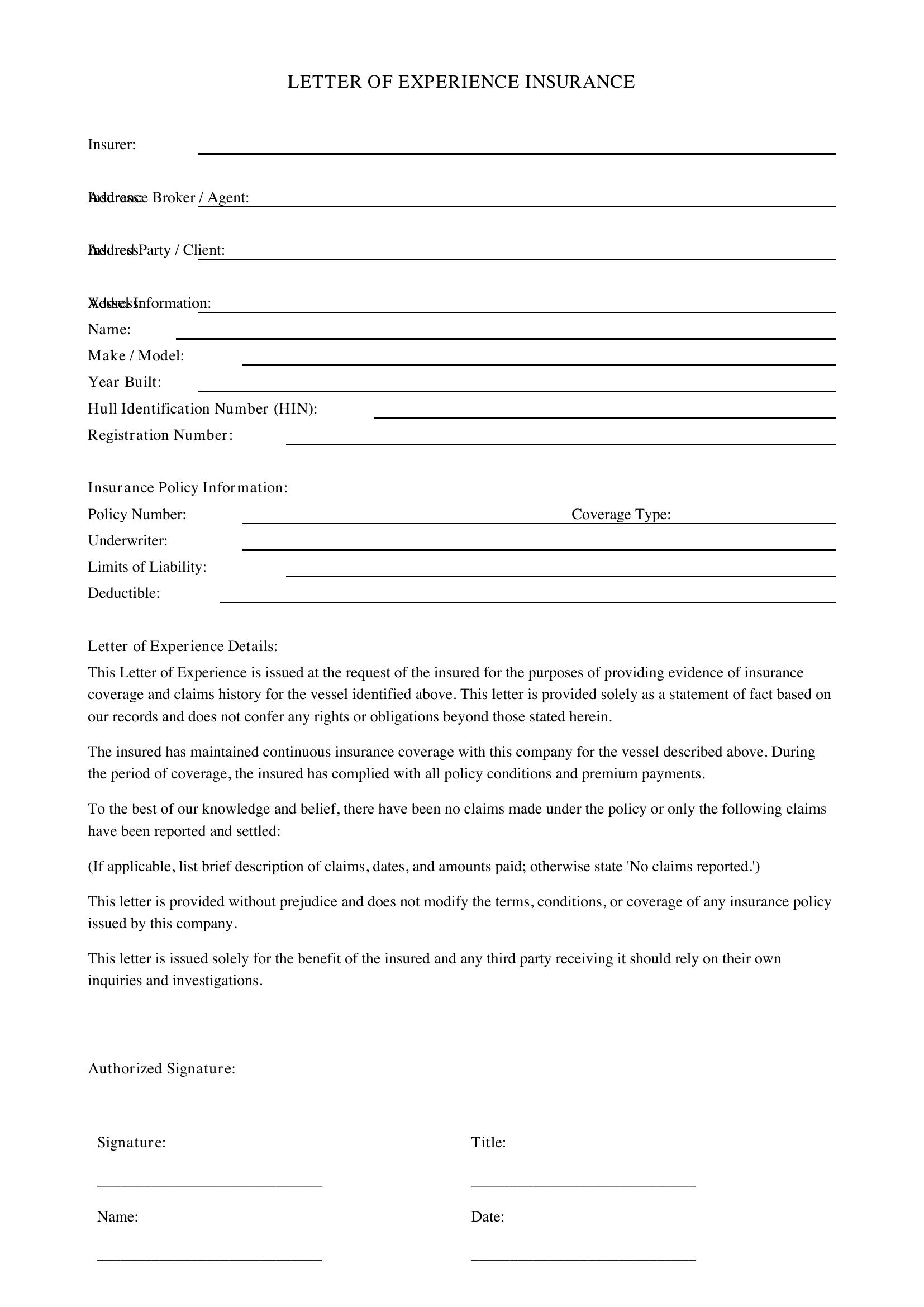 Letter Of Experience Insurance Template - US