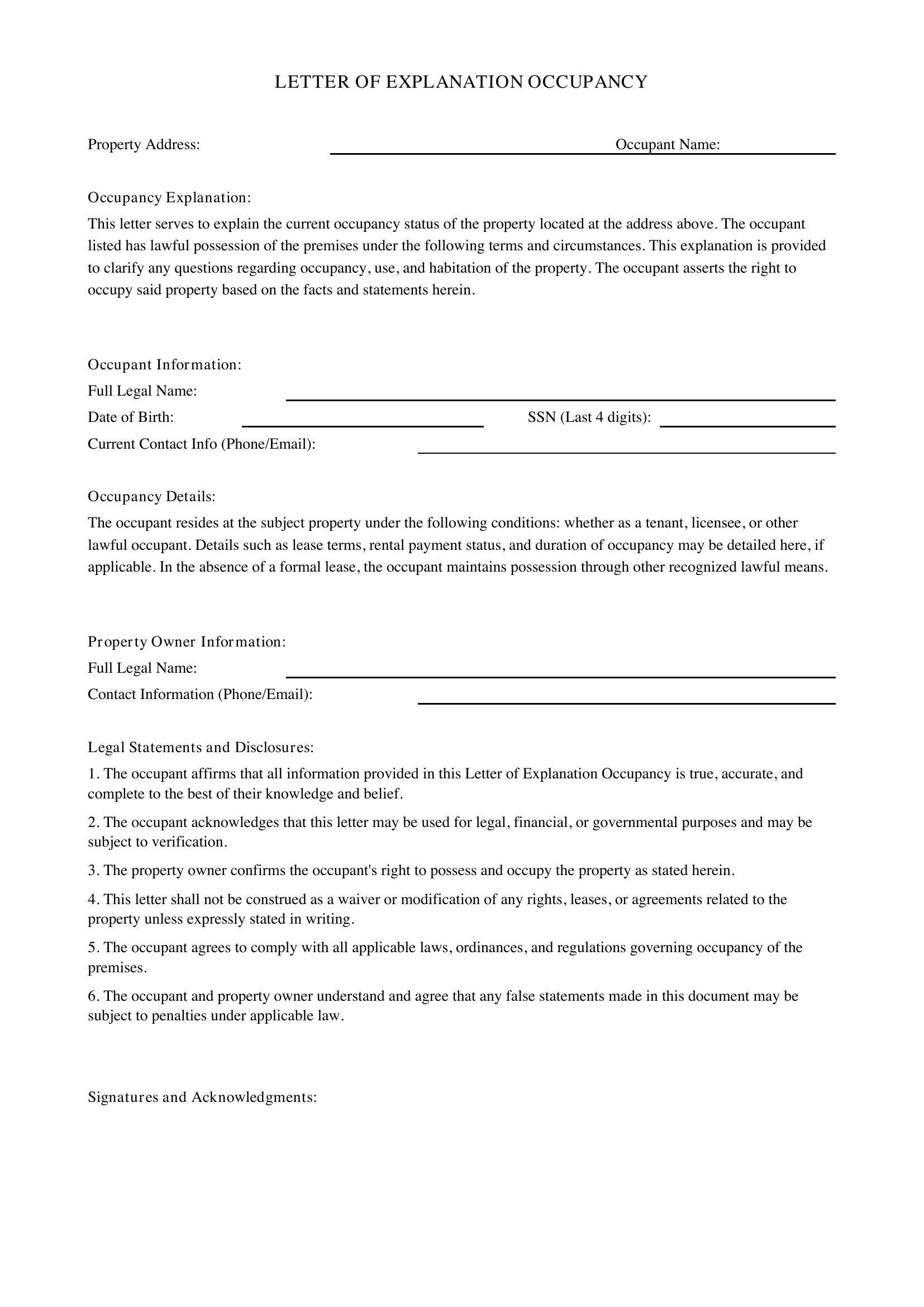 Letter Of Explanation Occupancy Template - US