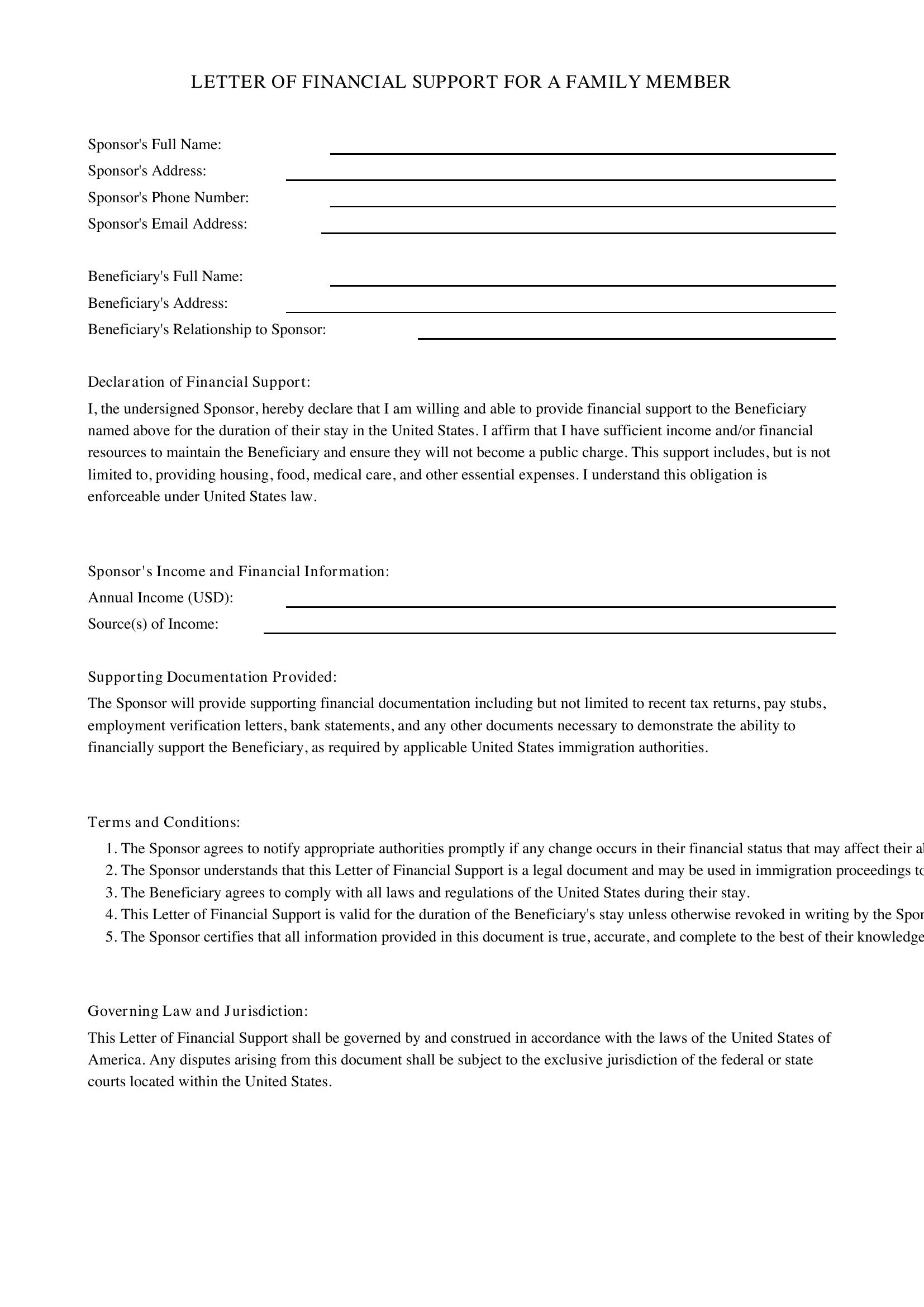 Letter Of Financial Support For A Family Member Template - US