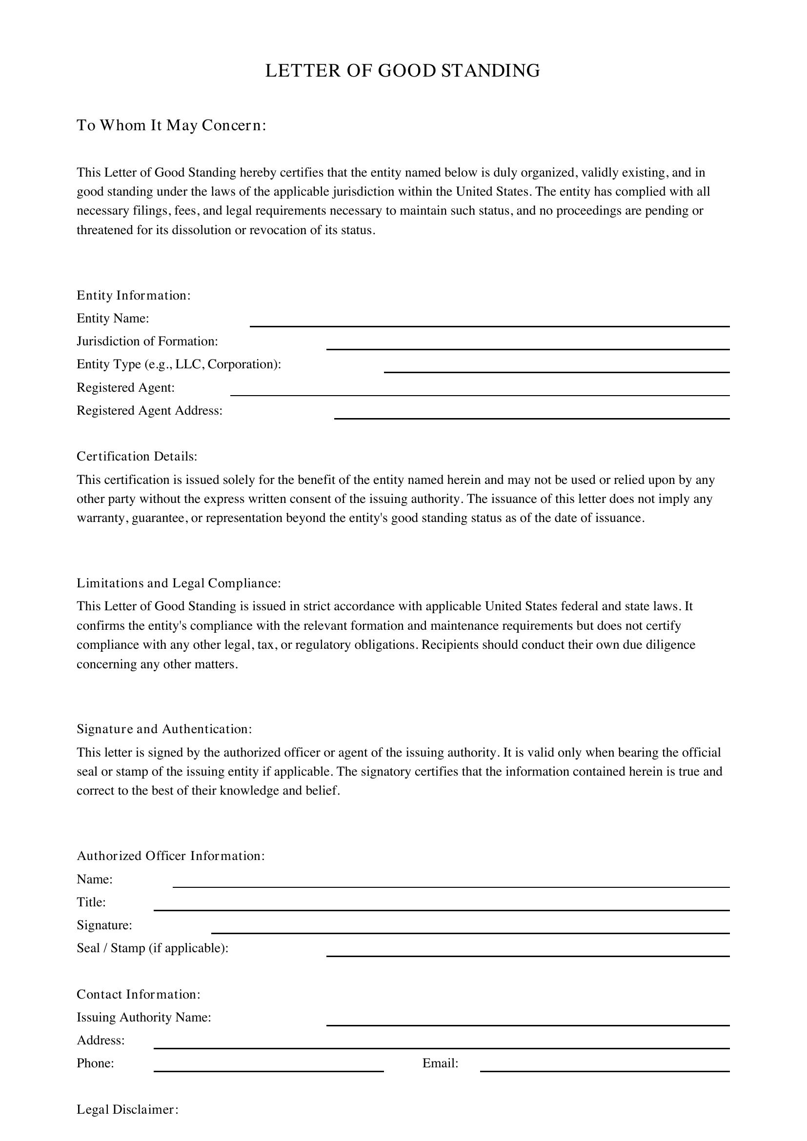 Letter Of Good Standing Template - US
