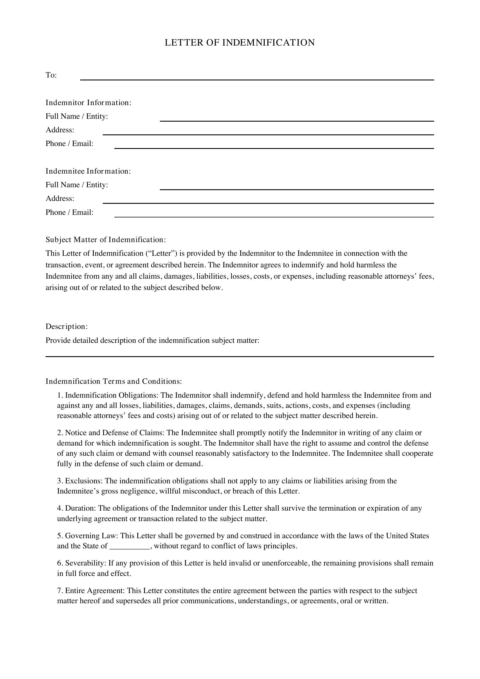 Letter Of Indemnification Template - US