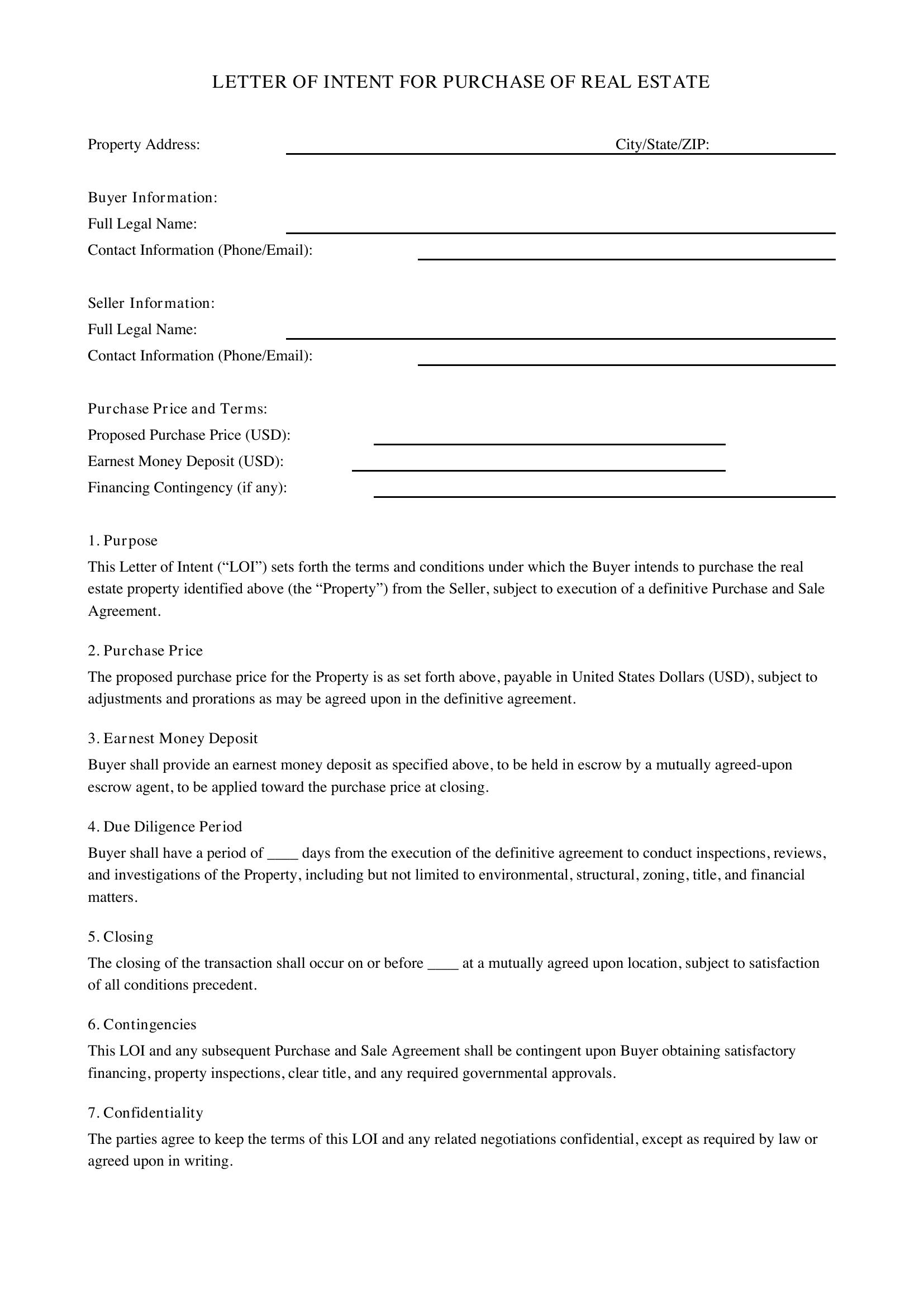 Letter Of Intent Real Estate Template - US