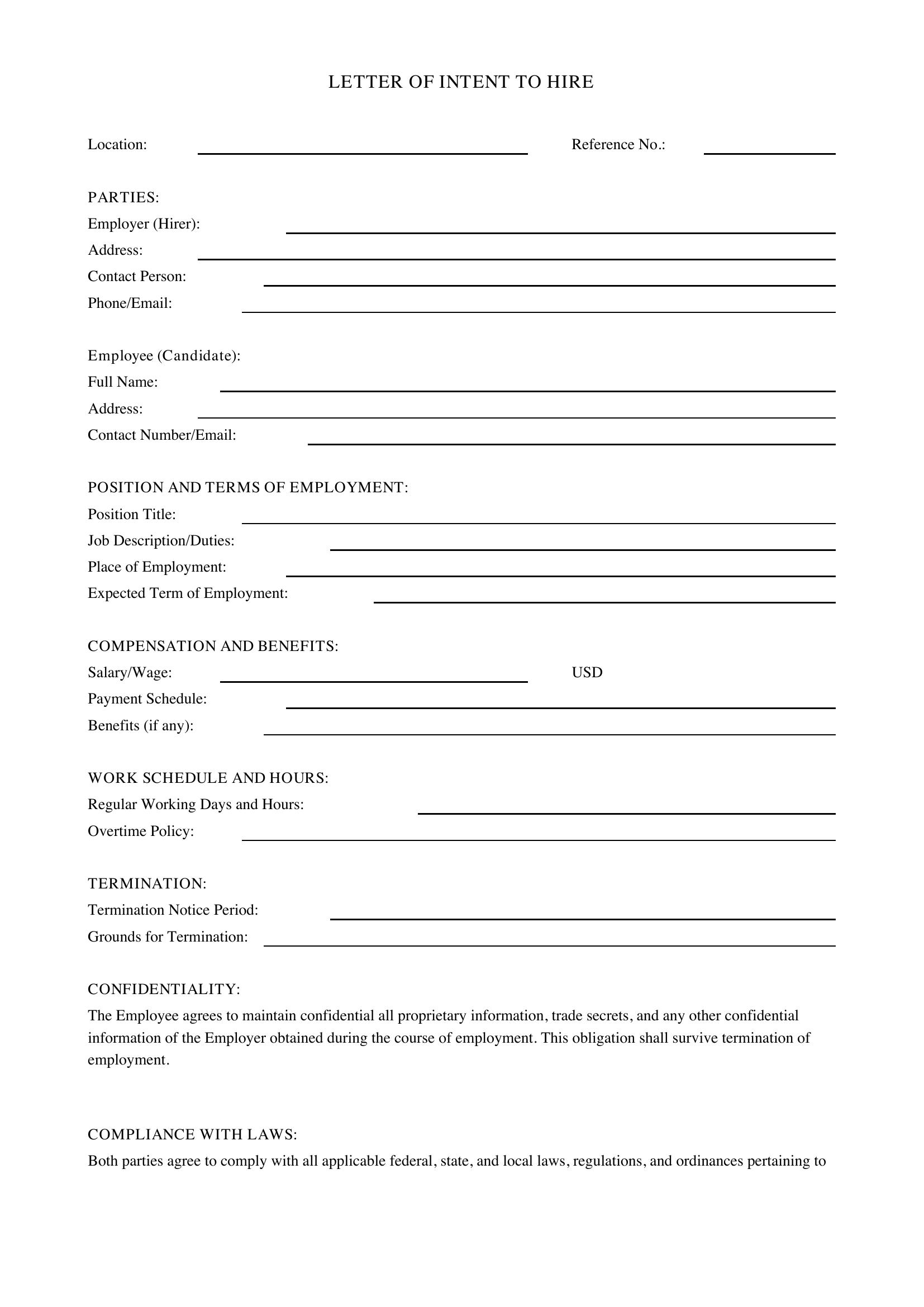 Letter Of Intent To Hire Template - US