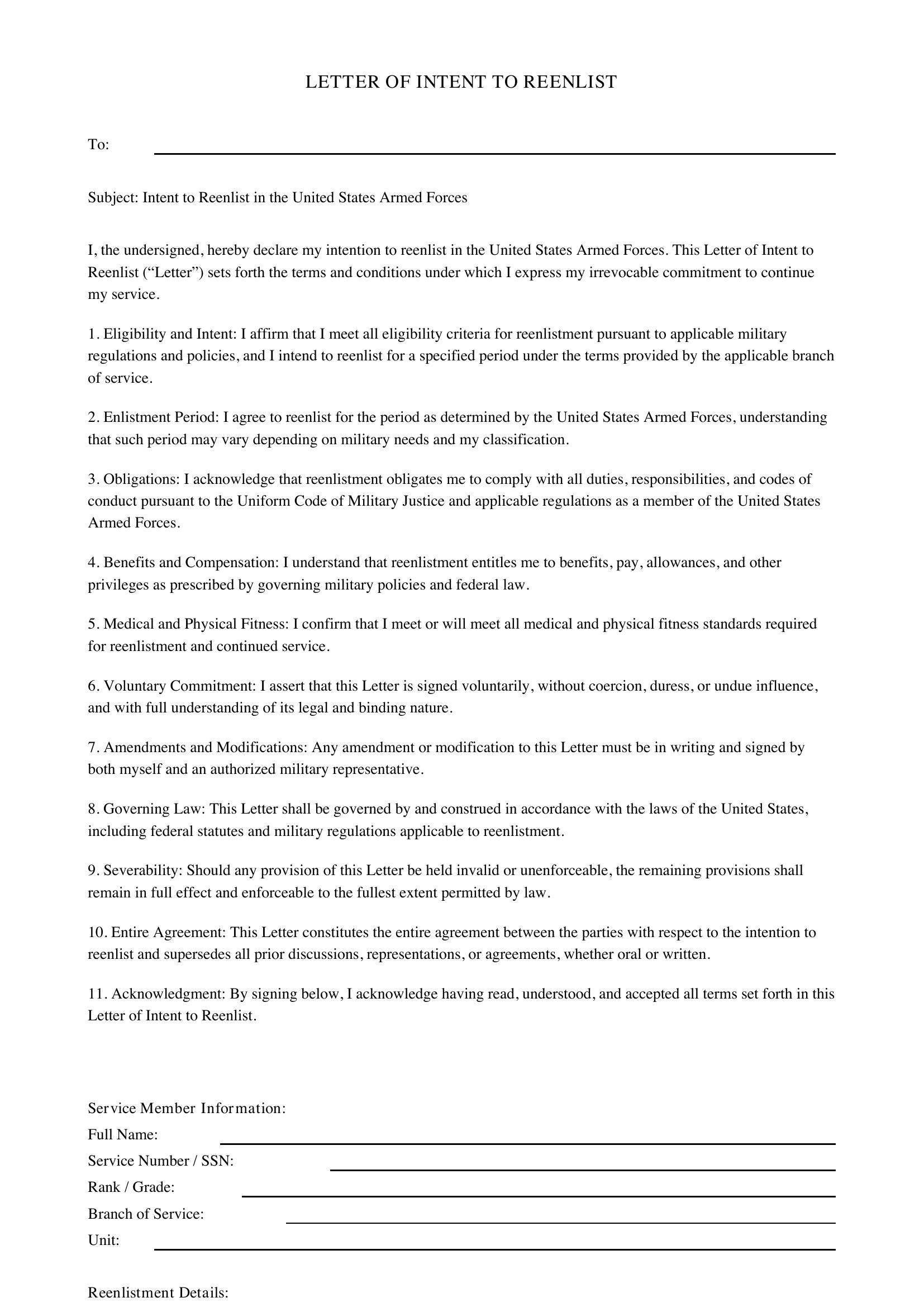 Letter Of Intent To Reenlist Template - US