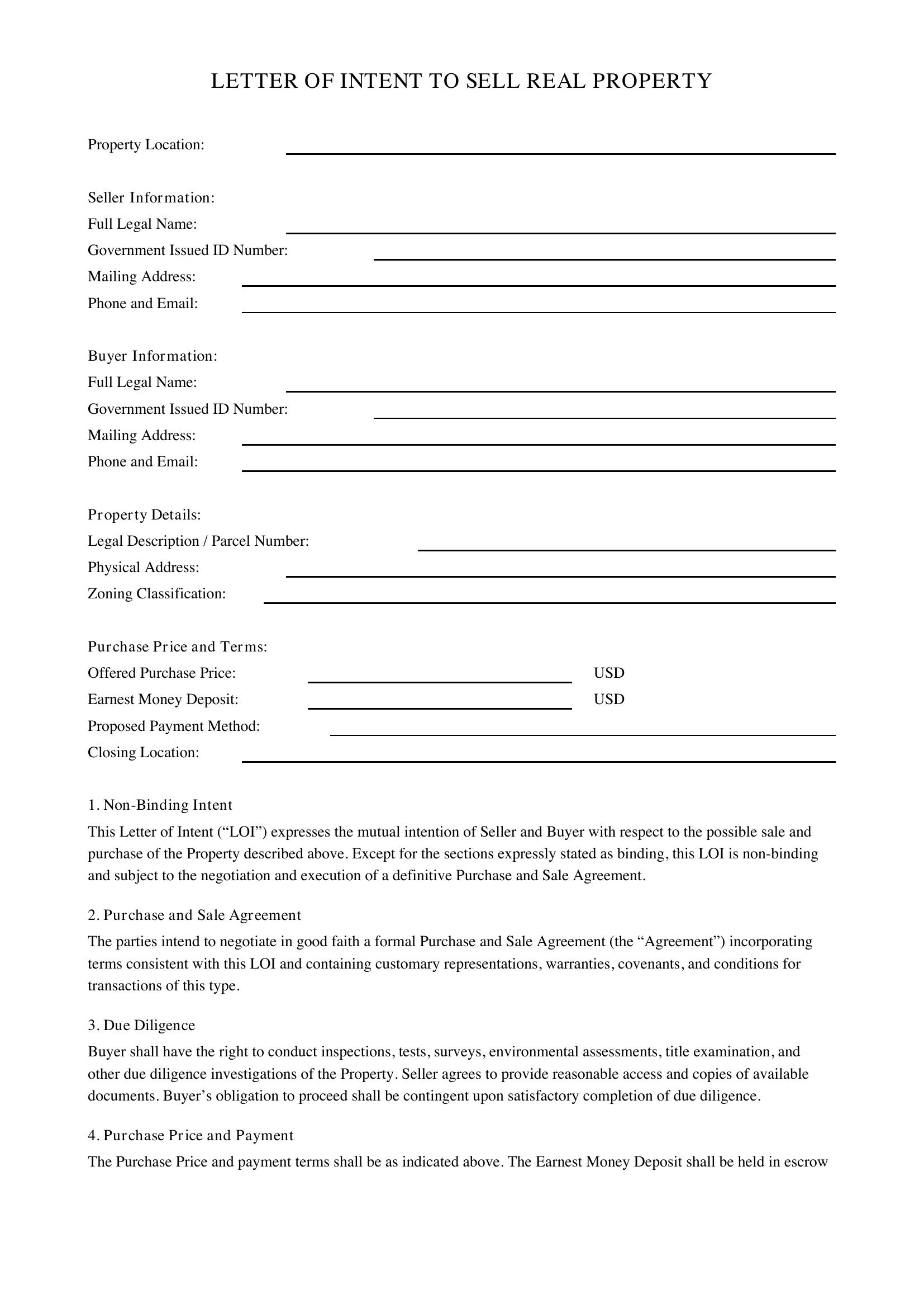 Letter Of Intent To Sell Property Template - US