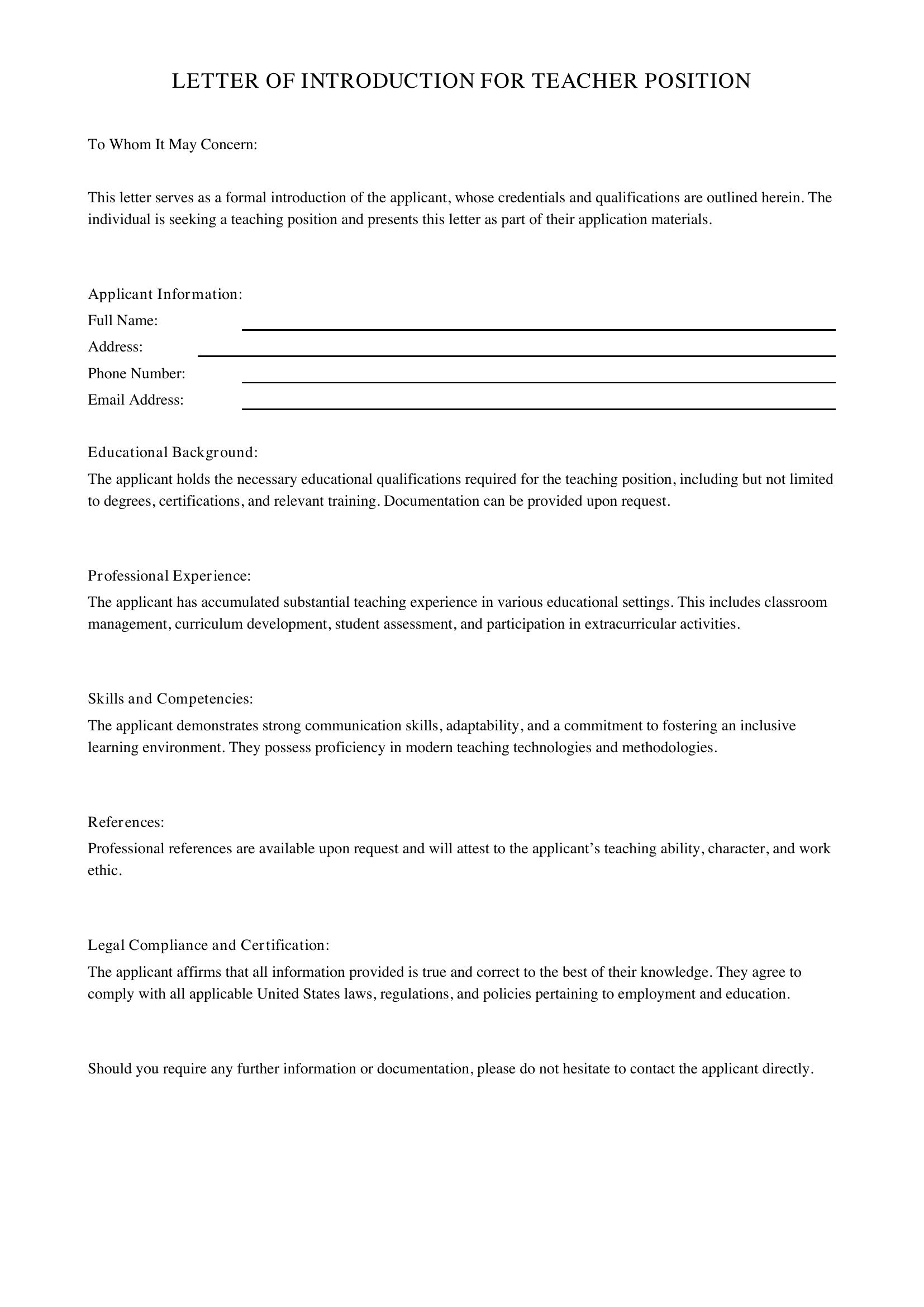 Letter Of Introduction Teacher Template - US