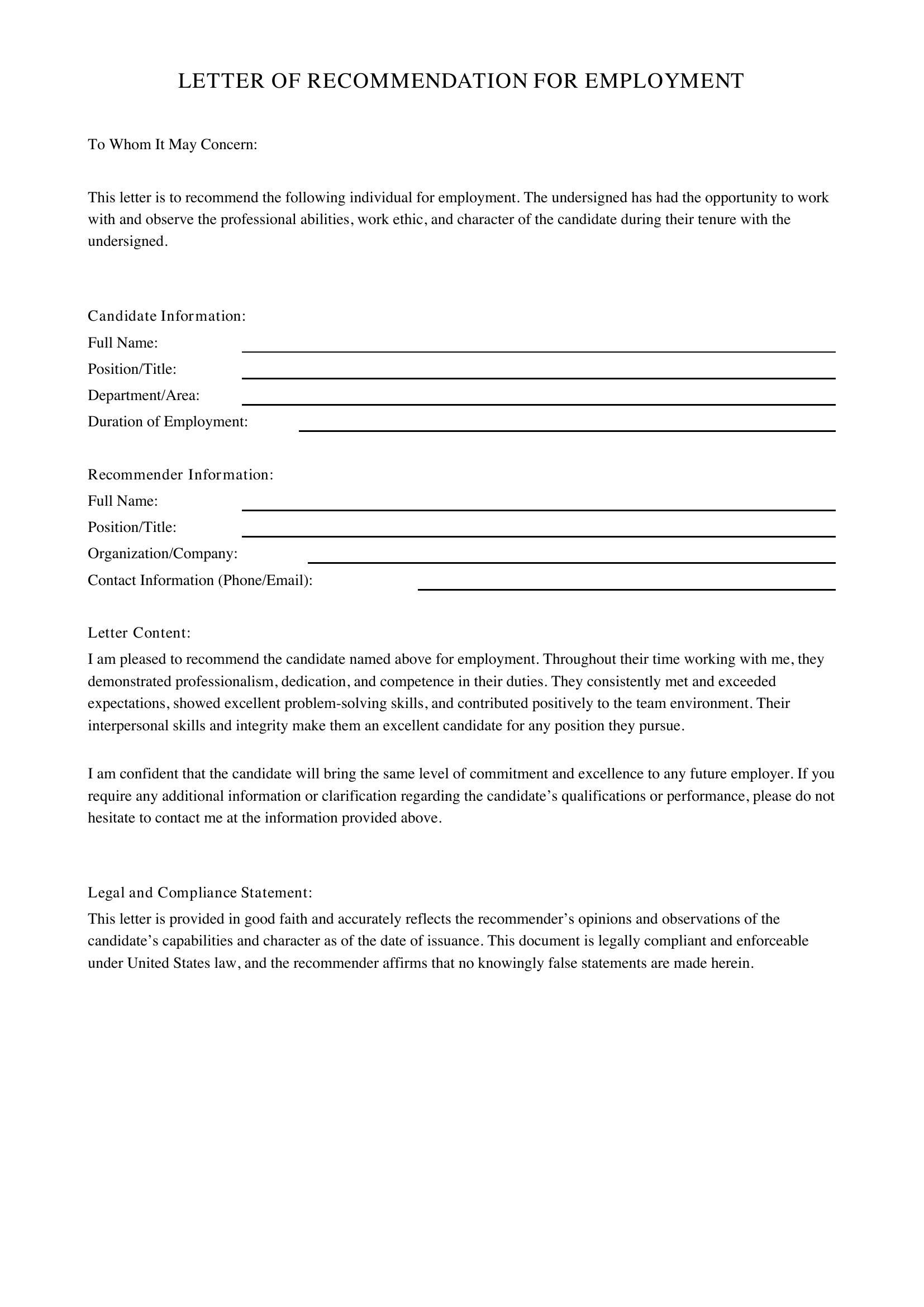 Letter Of Recommendation For Job Template - US