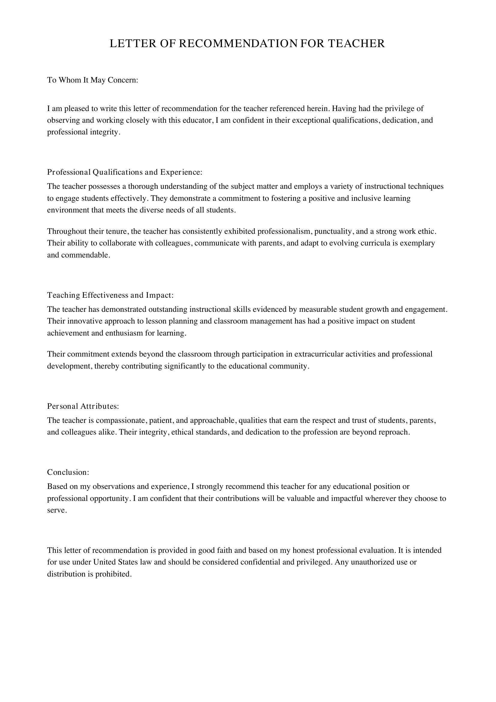 Letter Of Recommendation For Teacher Template - US