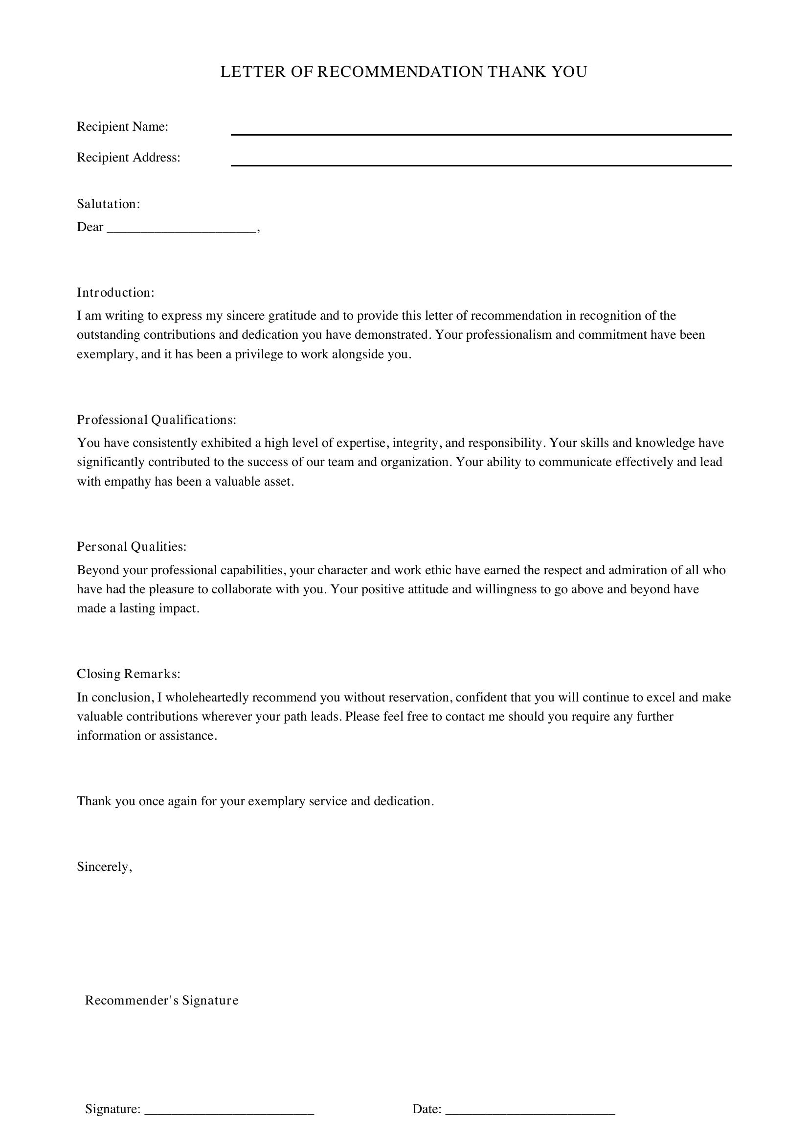 Letter Of Recommendation Thank You Template - US