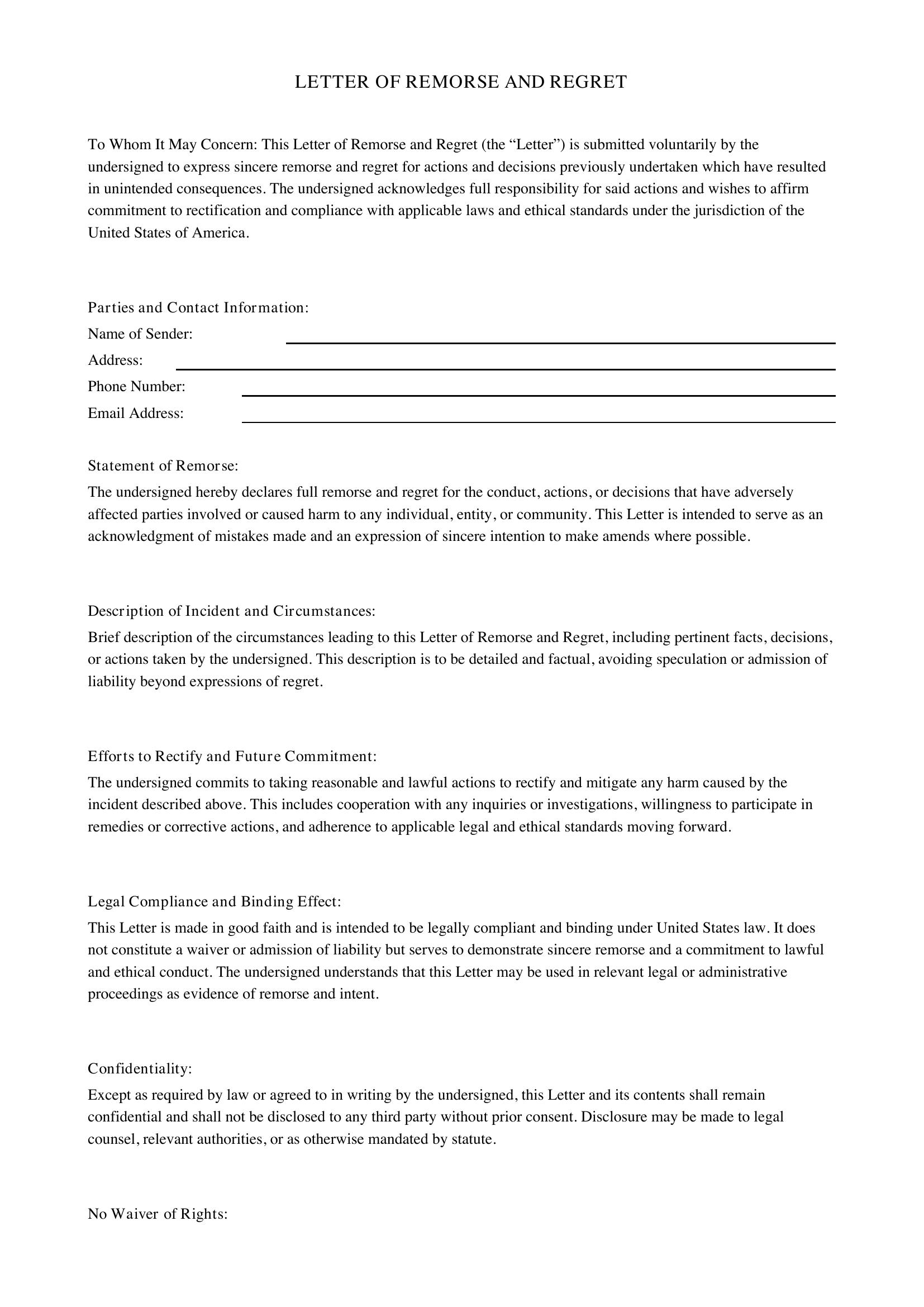 Letter Of Remorse And Regret Template - US