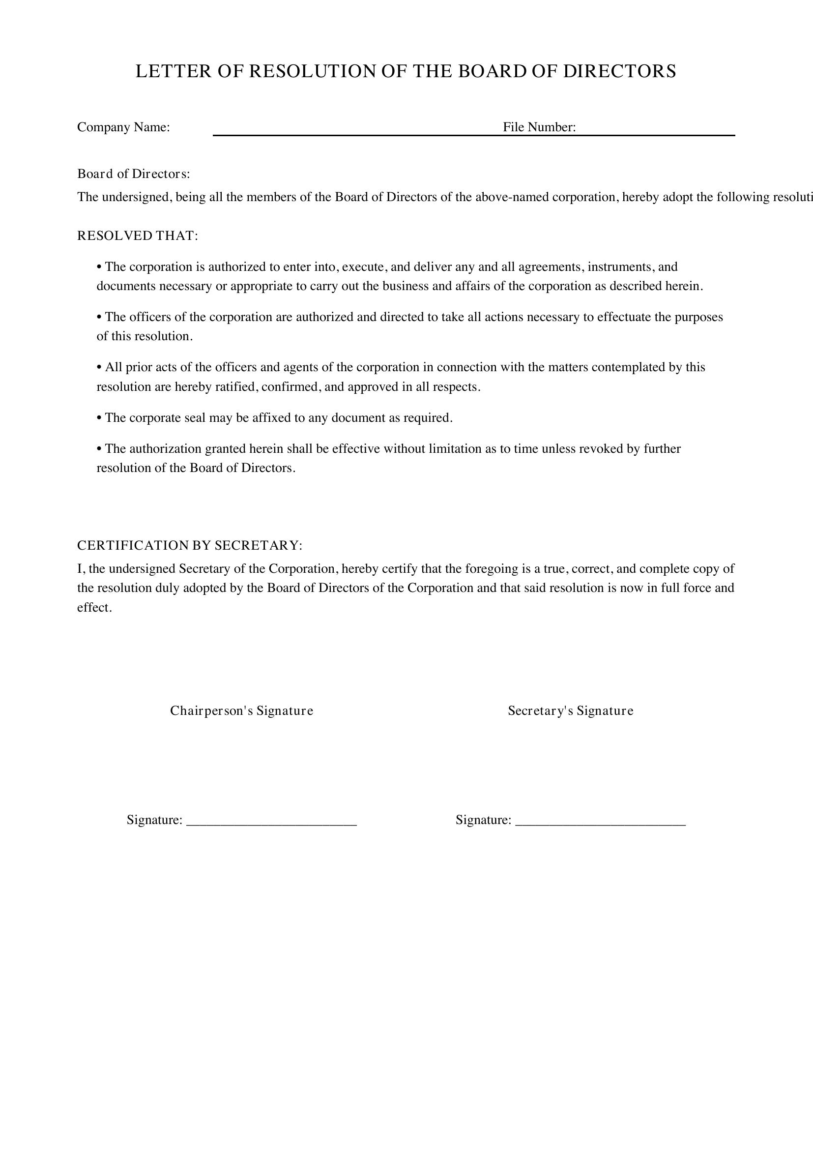 Letter Of Resolution Template - US