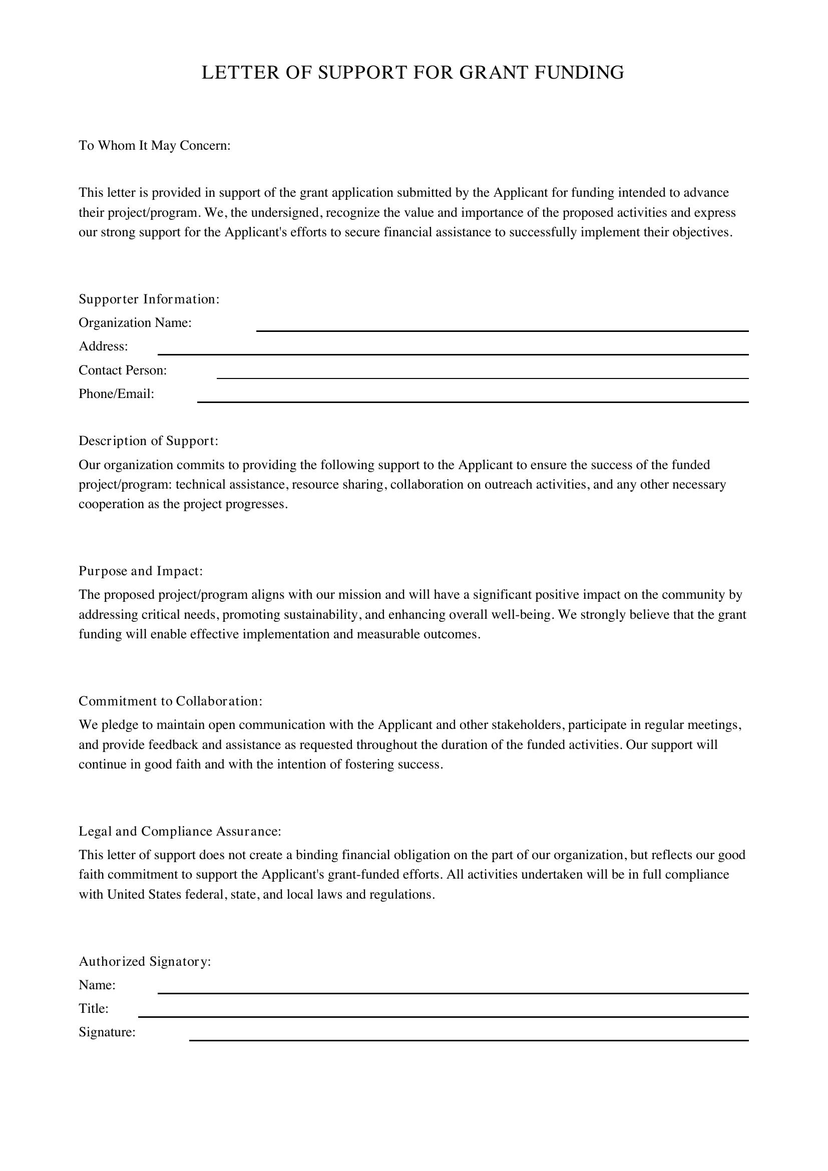 Letter Of Support For Grant Funding Template - US