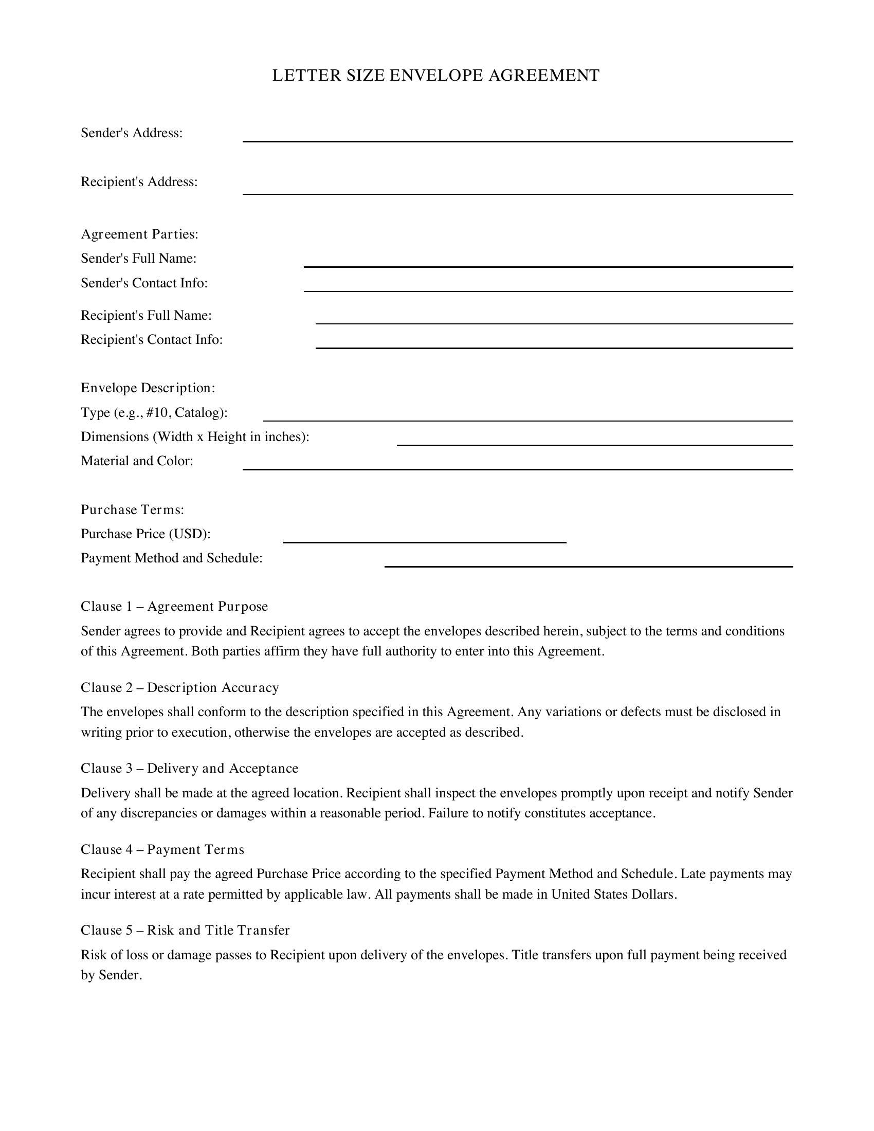 Letter Size Envelope Template - US