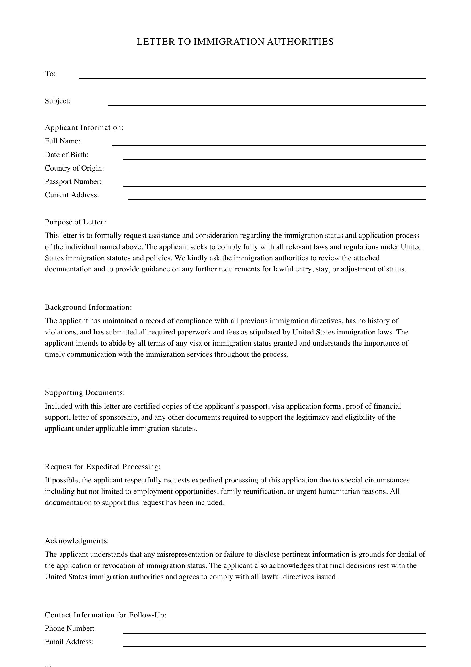 Letter To Immigration Template - US