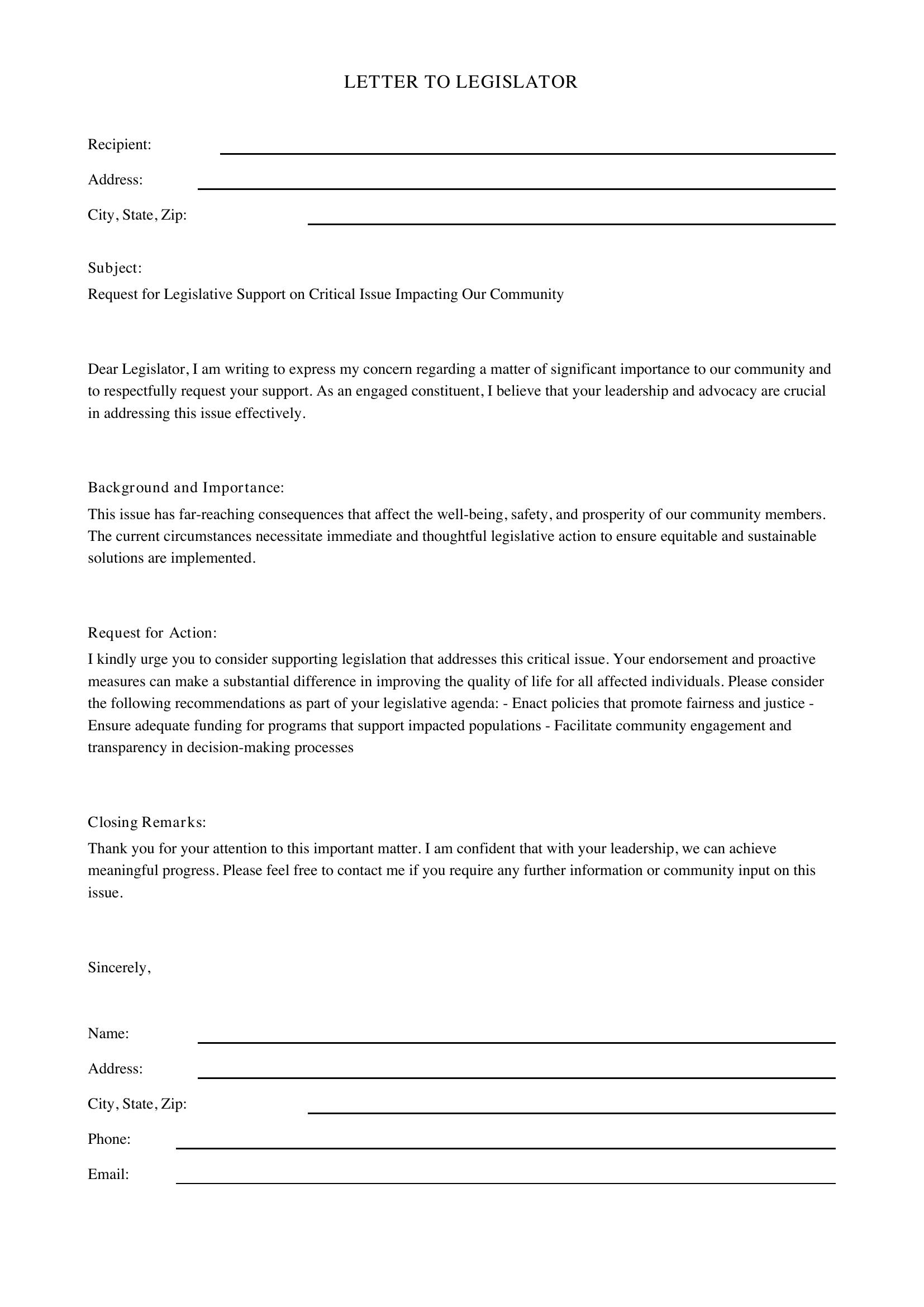 Letter To Legislator Template - US