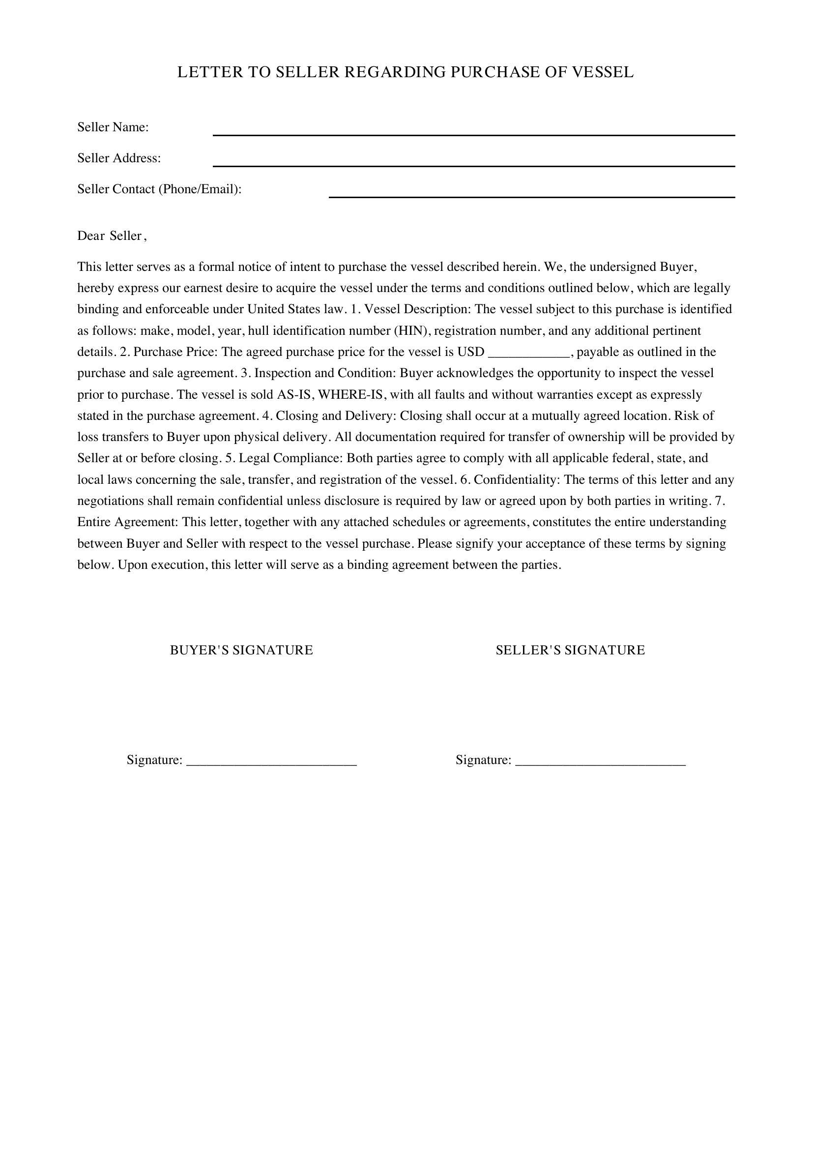 Letter To Seller Template - US