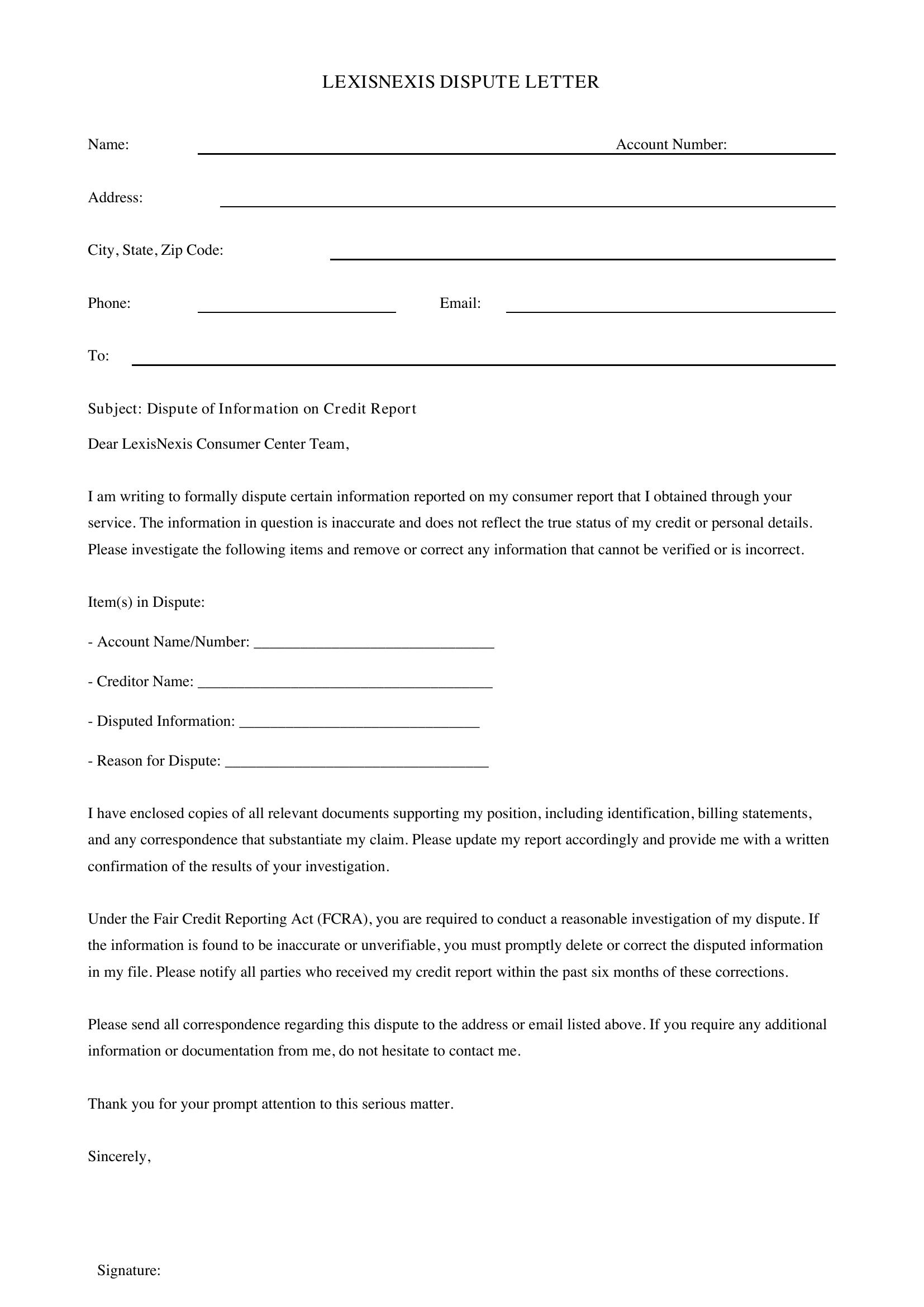 Lexisnexis Dispute Letter Template - US