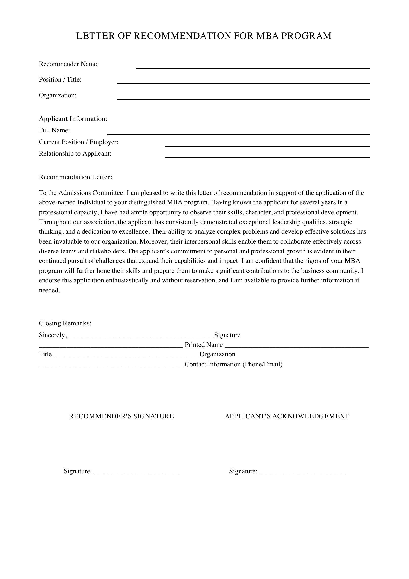 Mba Letter Of Template US