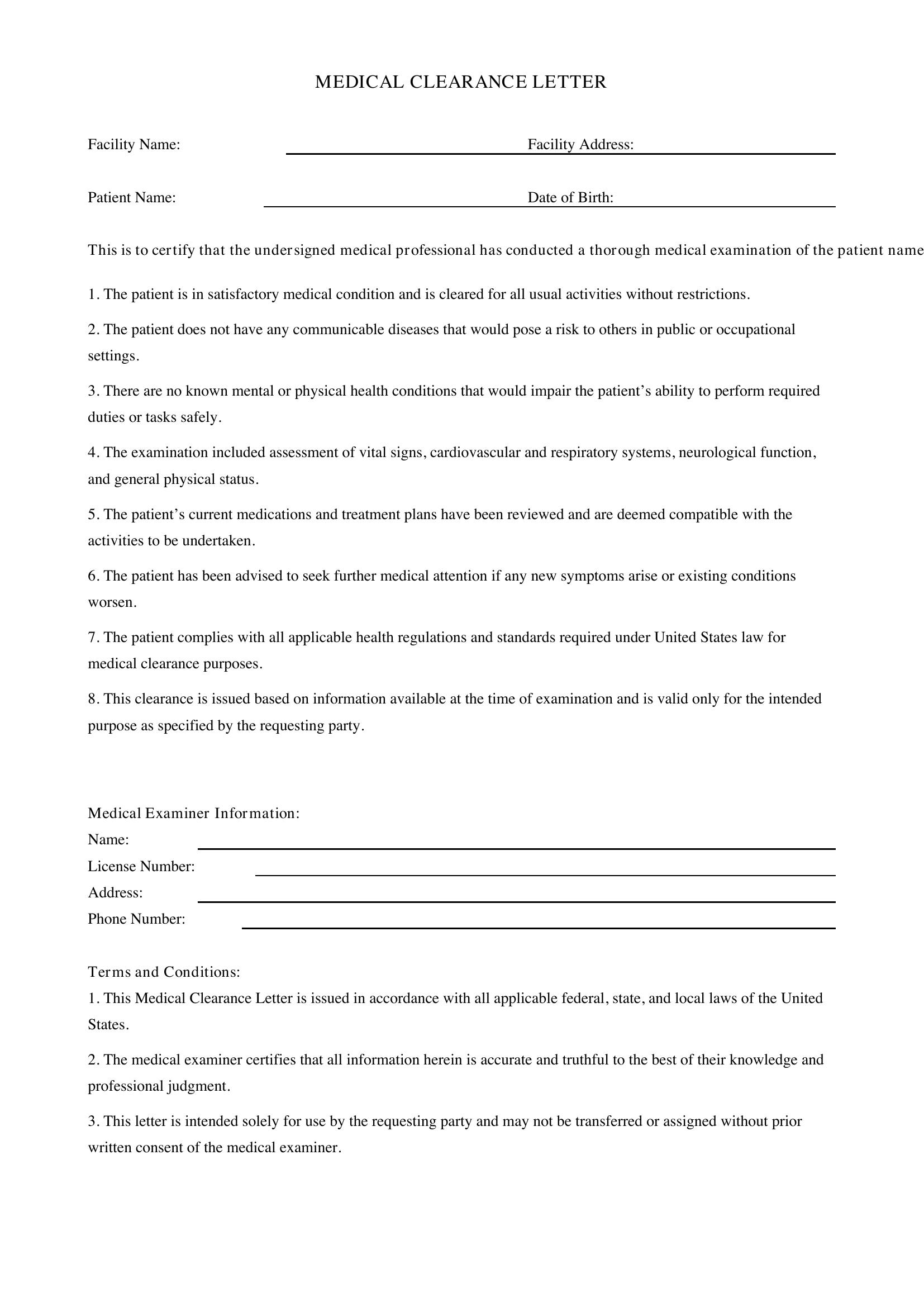 Medical Clearance Letter Template - US