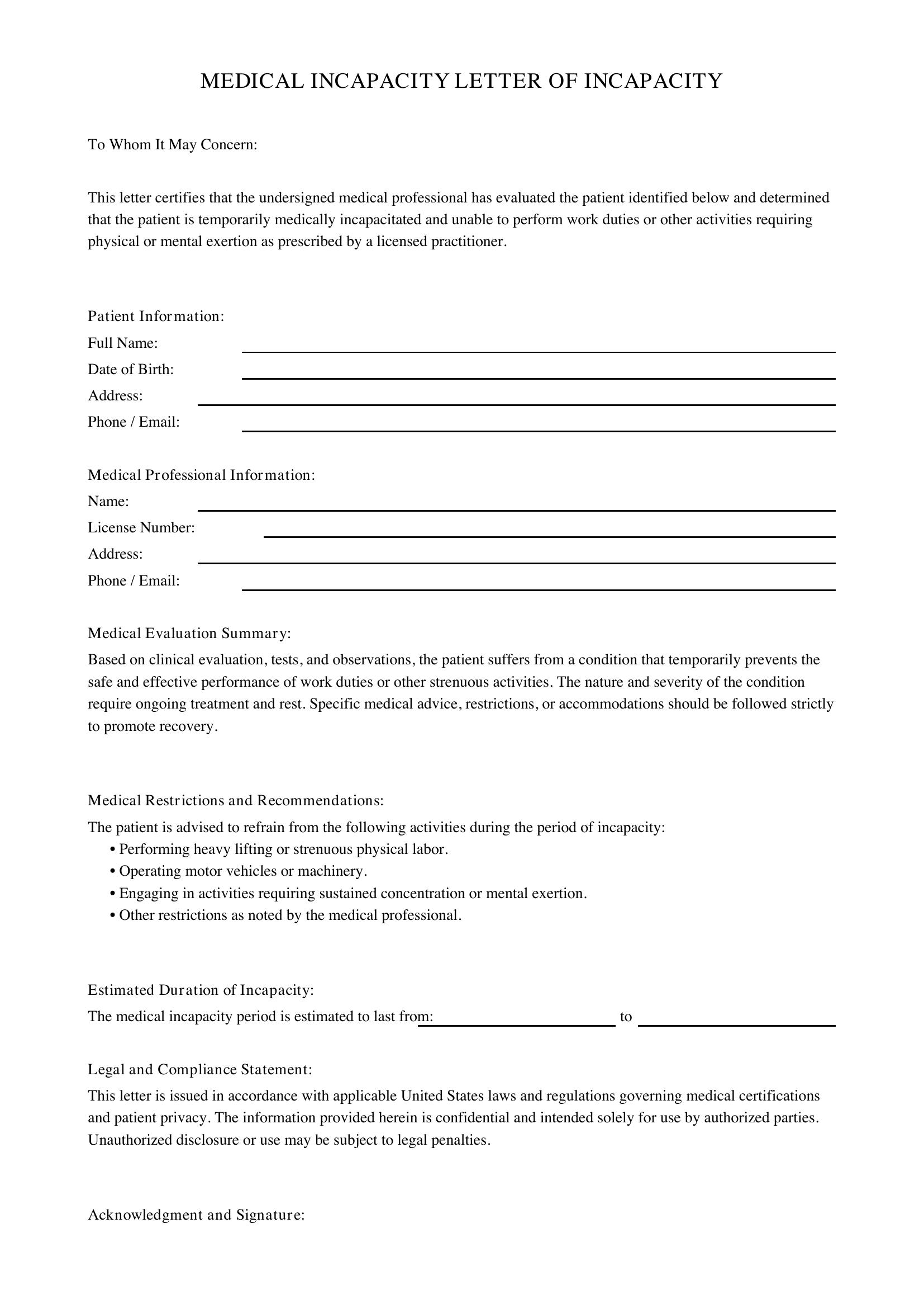 Medical Incapacity Letter Of Incapacity Template - US