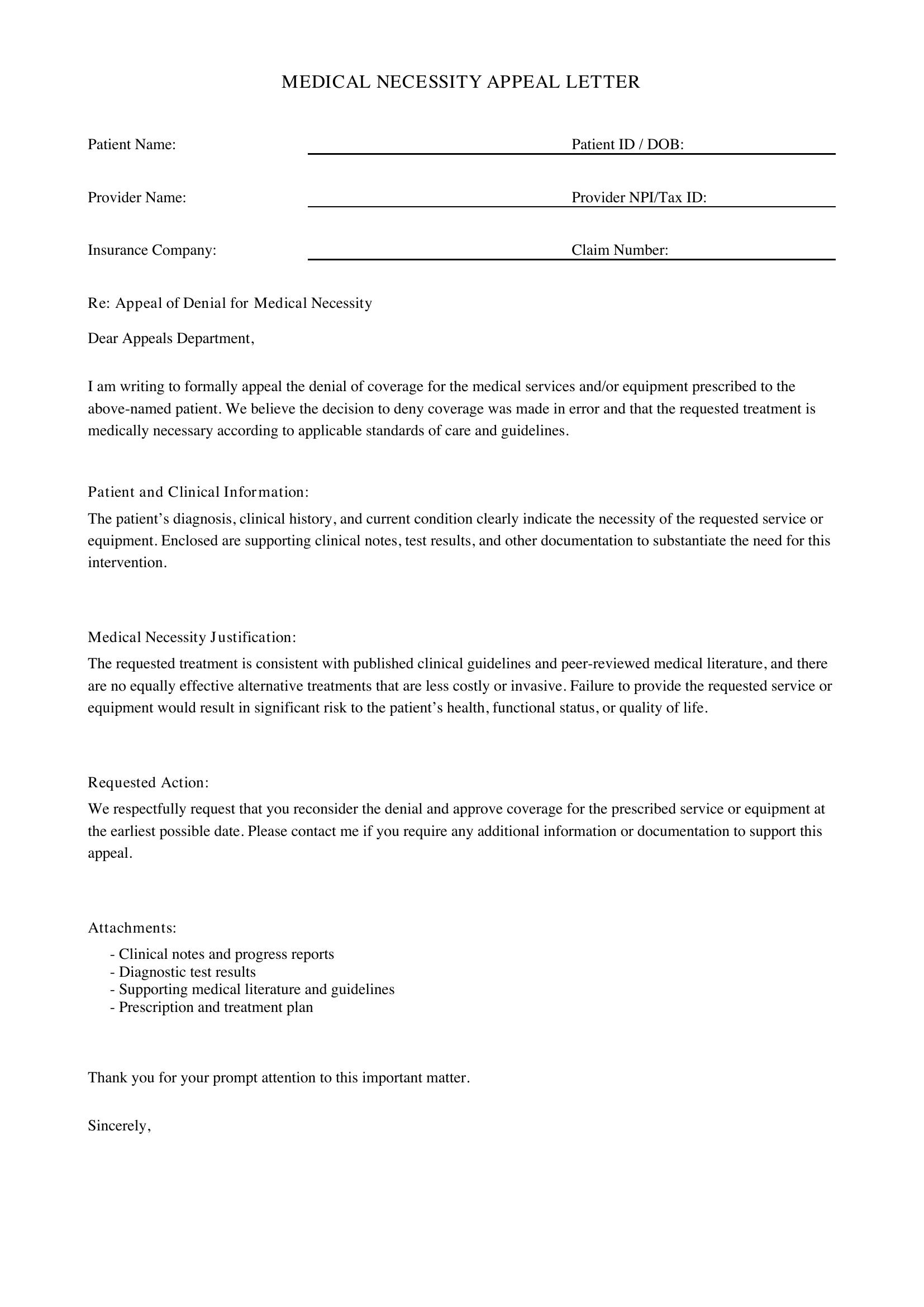 Medical Necessity Appeal Letter Template - US