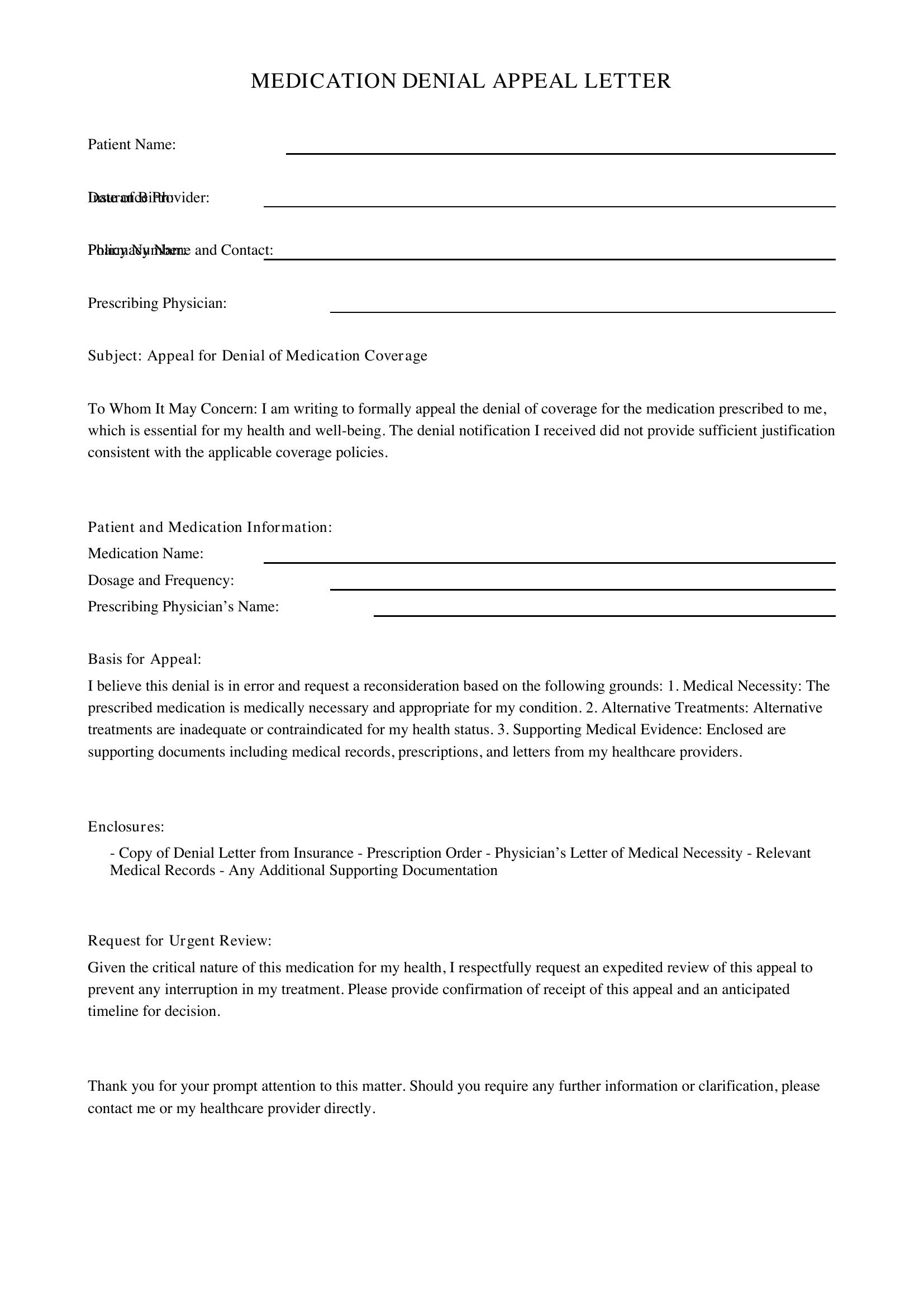 Medication Denial Appeal Letter Template - US