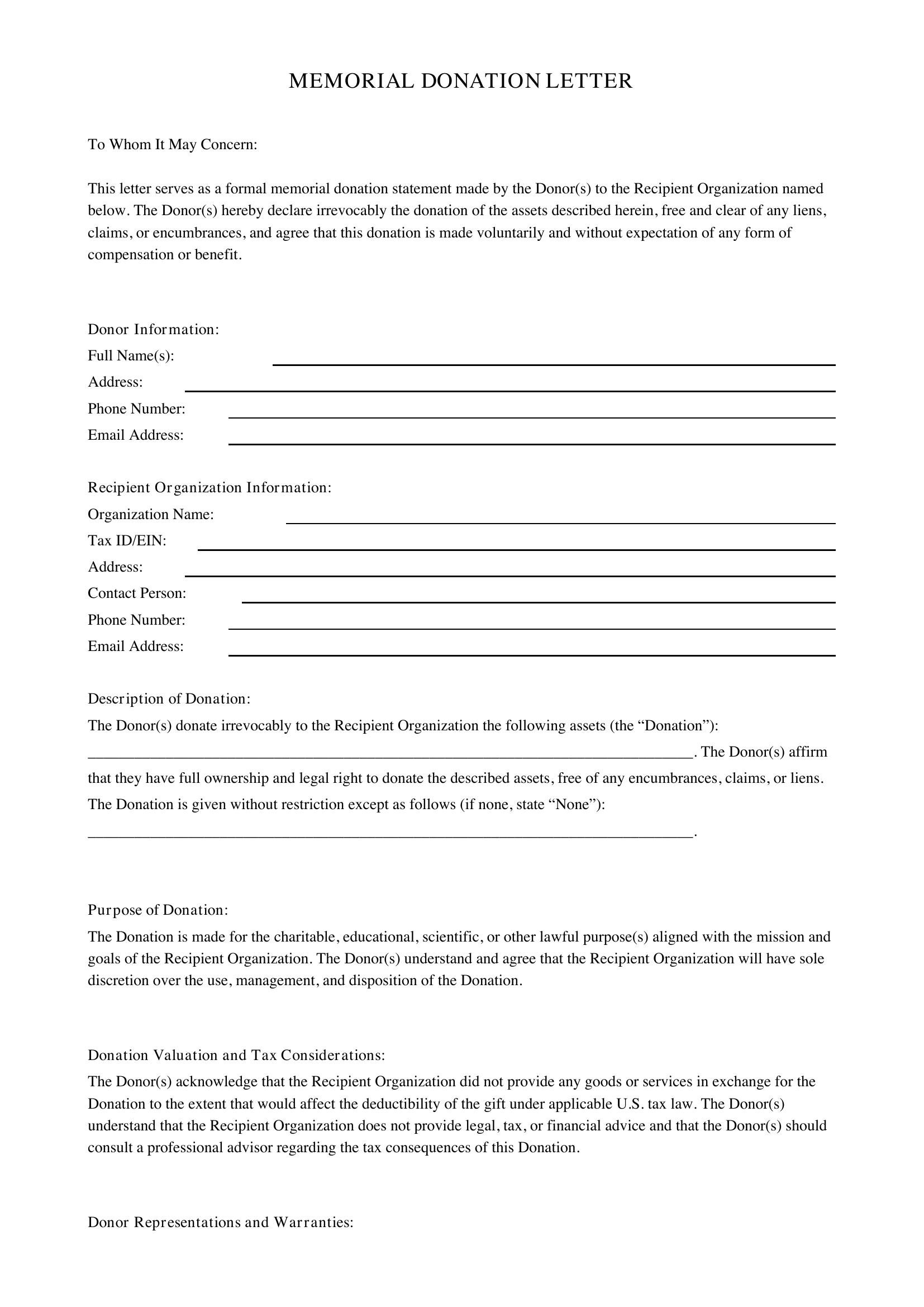 Memorial Donation Letter Template - US