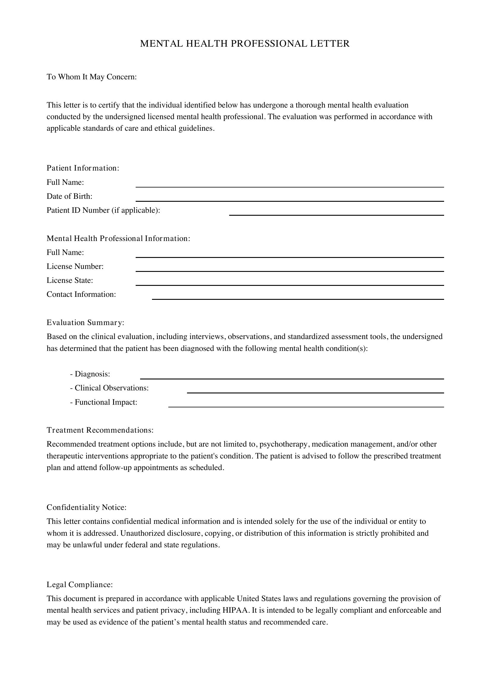 Mental Health Letter Template - US