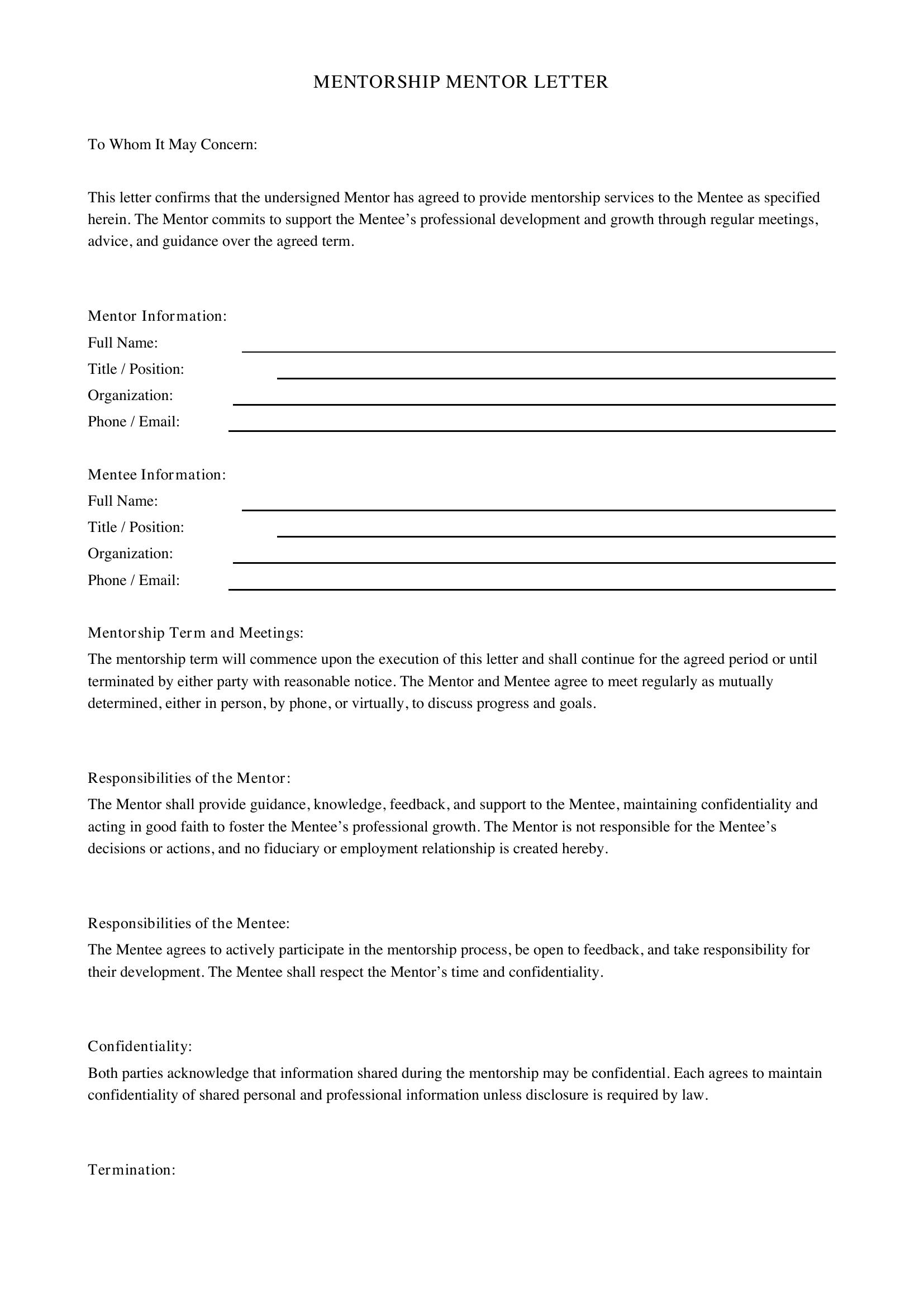 Mentorship Mentor Letter Template - US