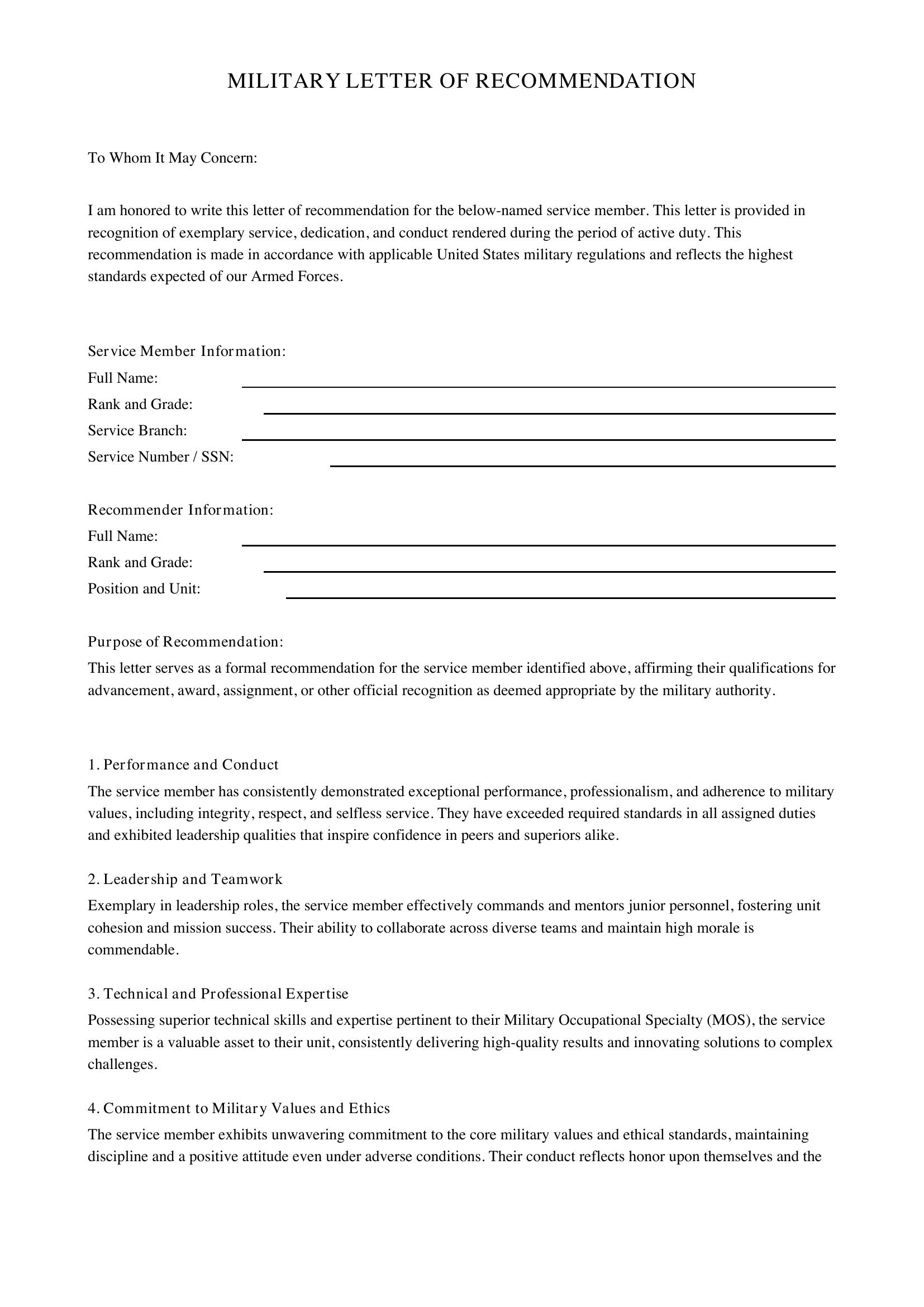 Military Letter Of Recommendation Template - US
