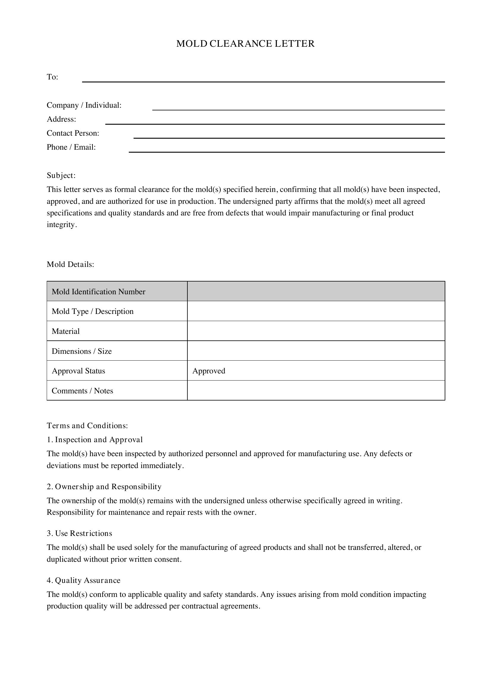Mold Clearance Letter Template - US