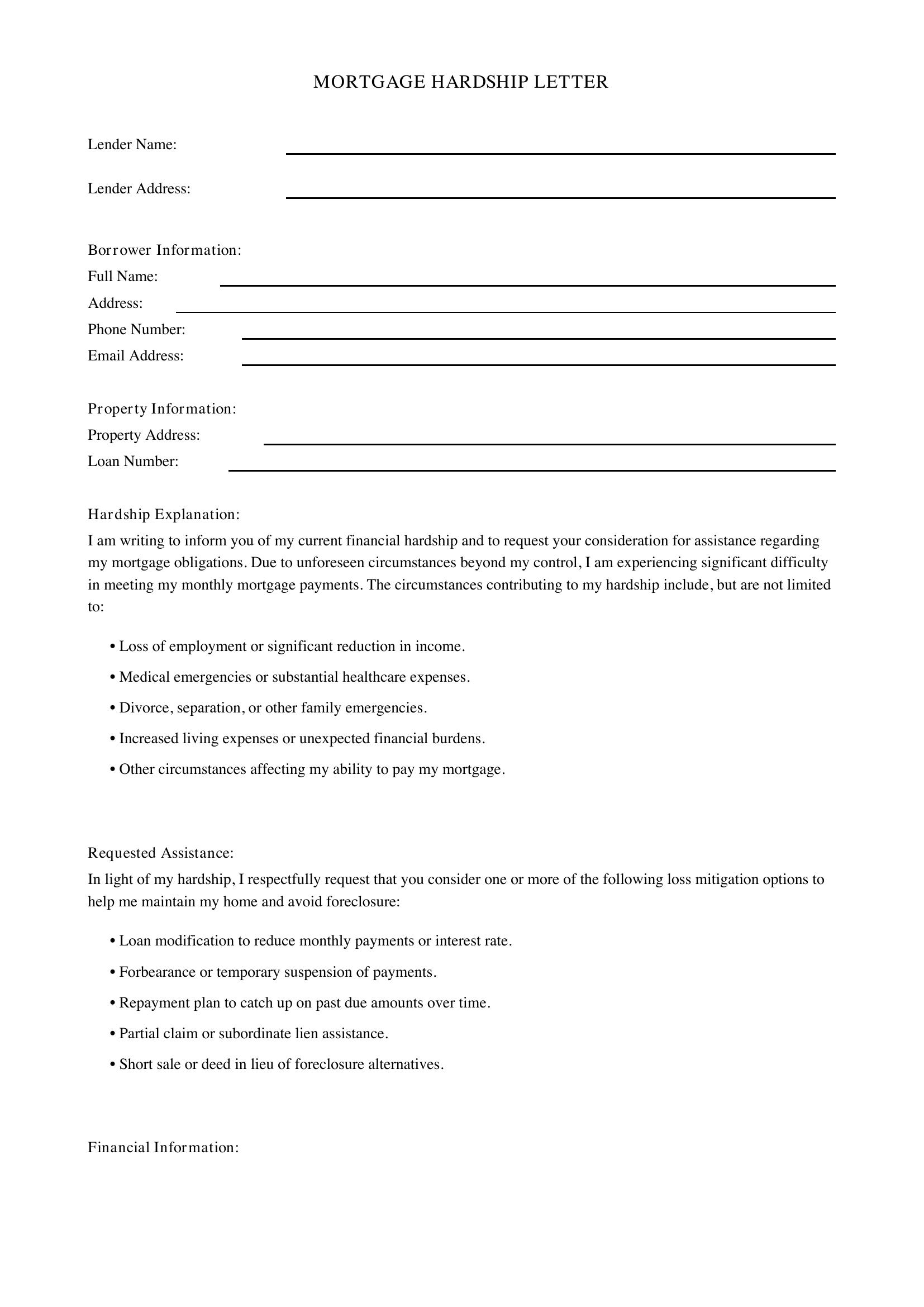 Mortgage Hardship Letter Template - US