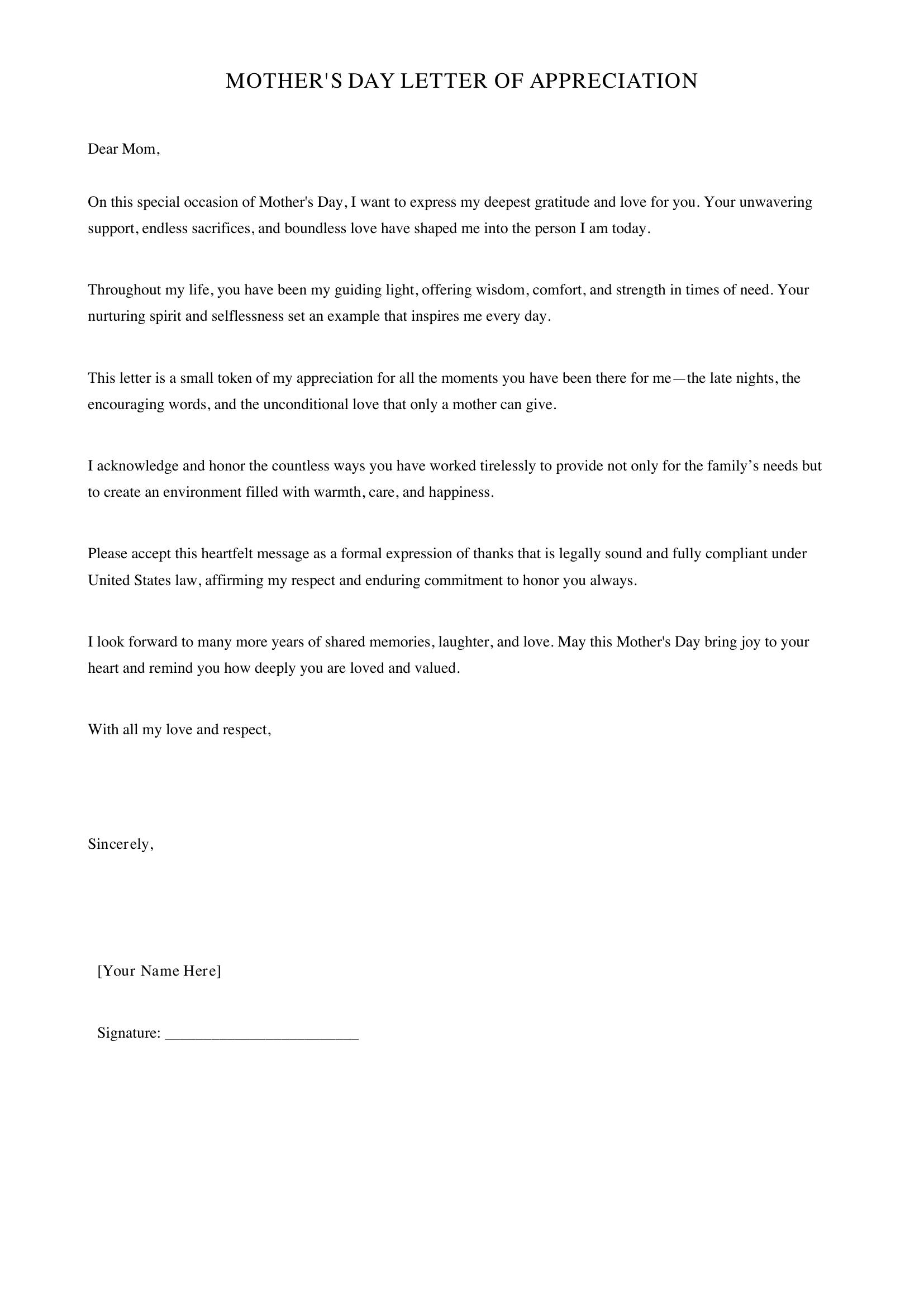 Mother'S Day Letter Template - US