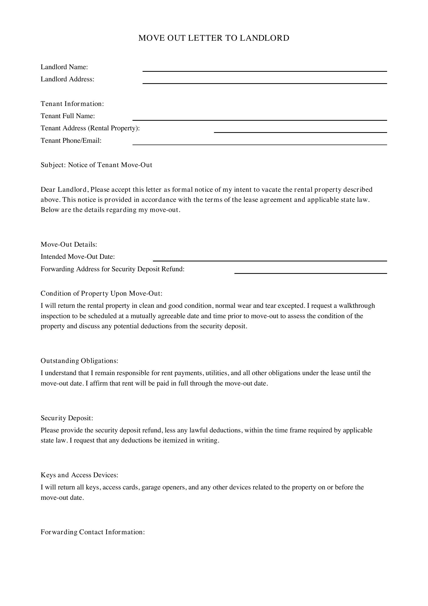 Move Out Letter To Landlord Template - US