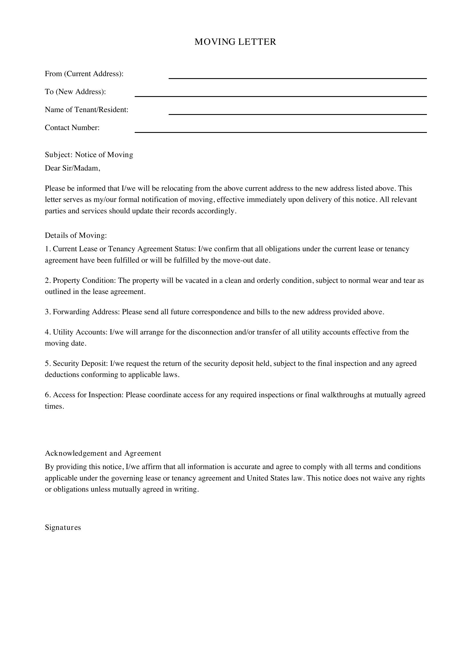 Moving Letter Template - US