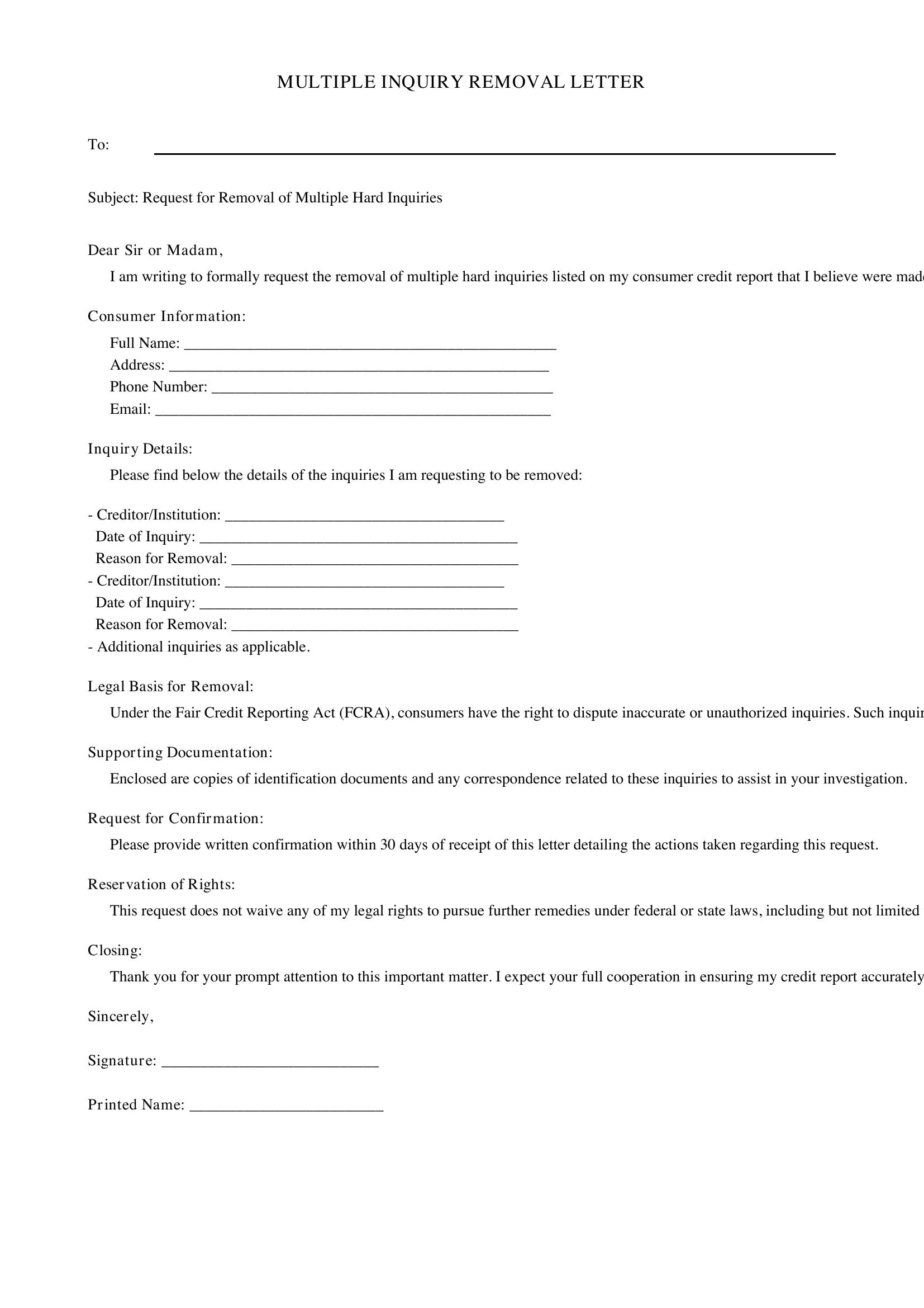 Multiple Inquiry Removal Letter Template - US