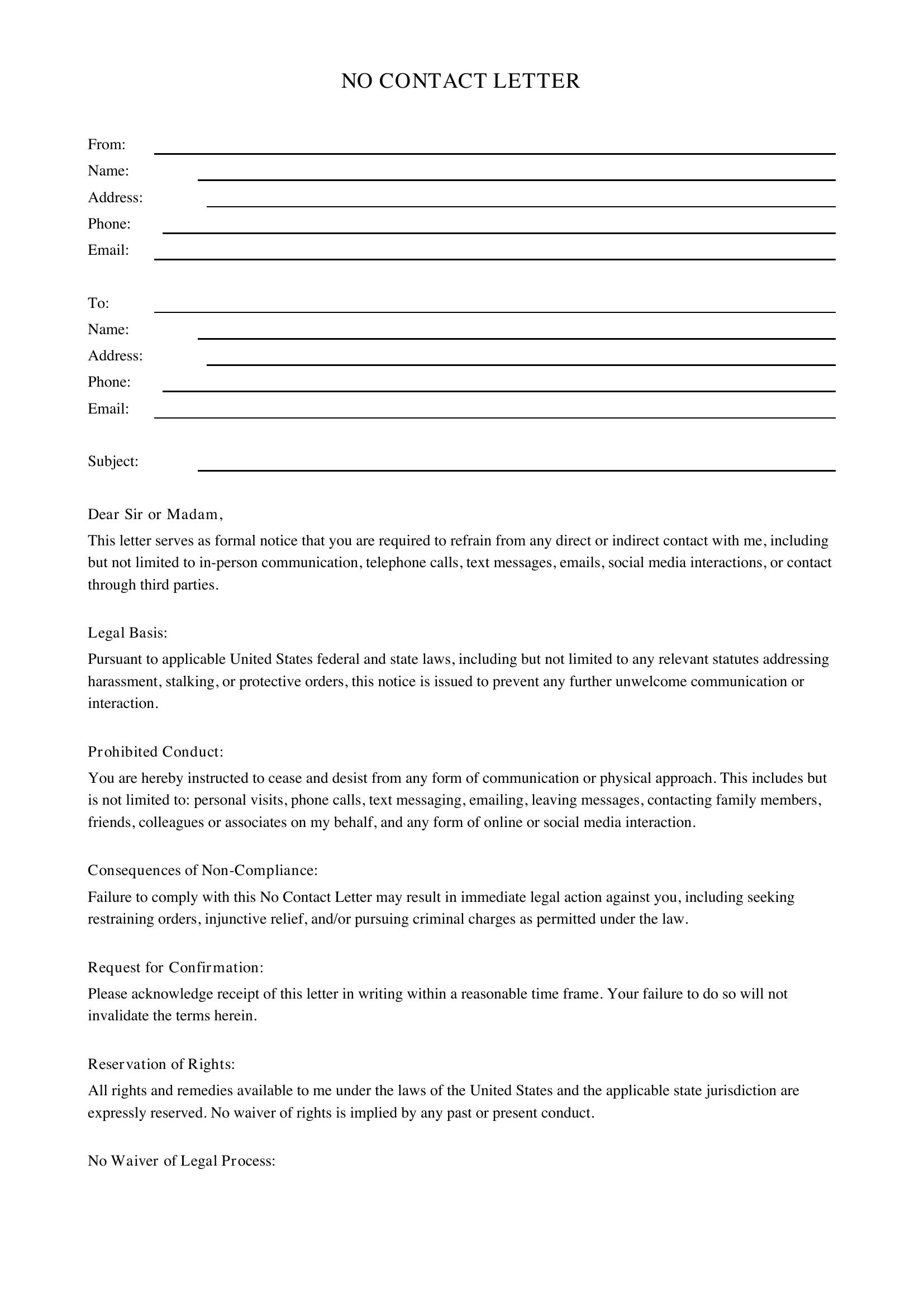 No Contact Letter Template - US