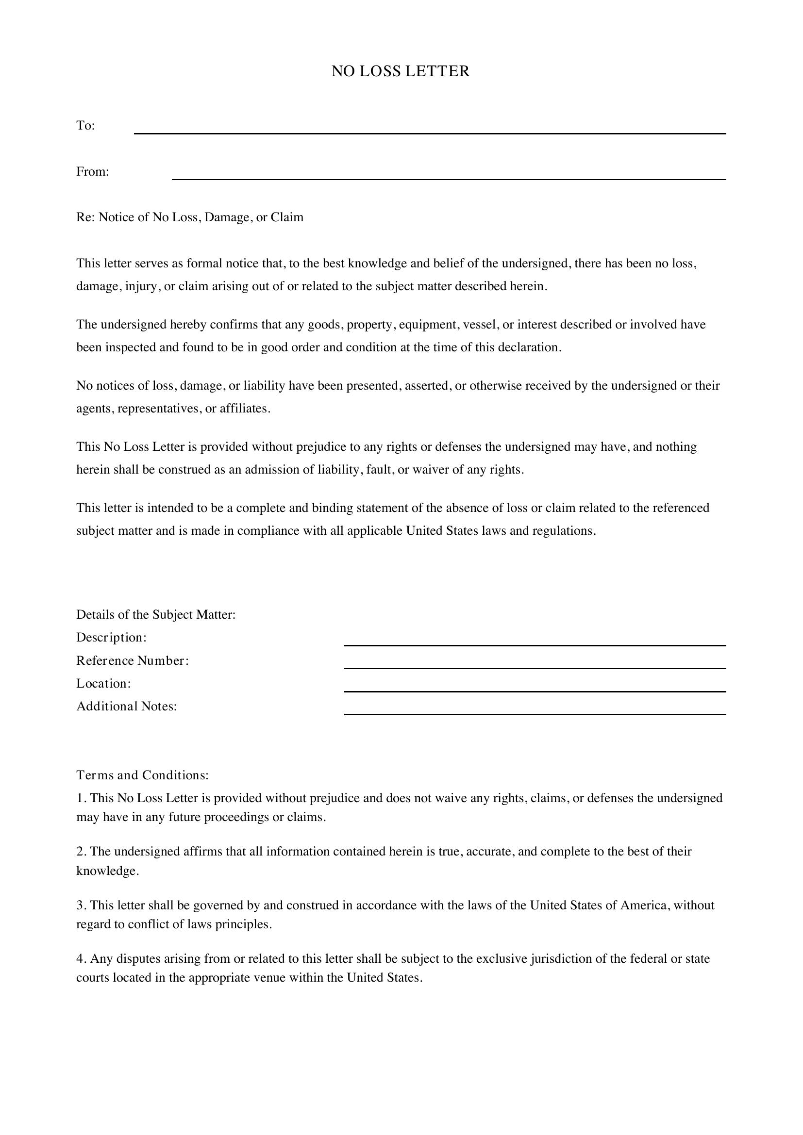 No Loss Letter Template - US