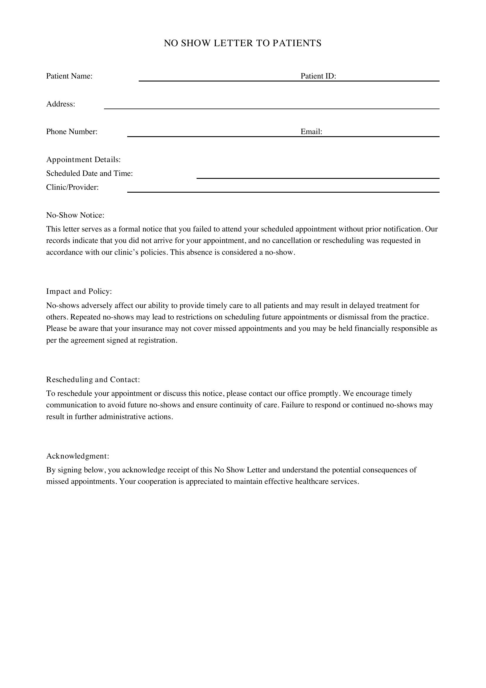 No Show Letter To Patients Template - US