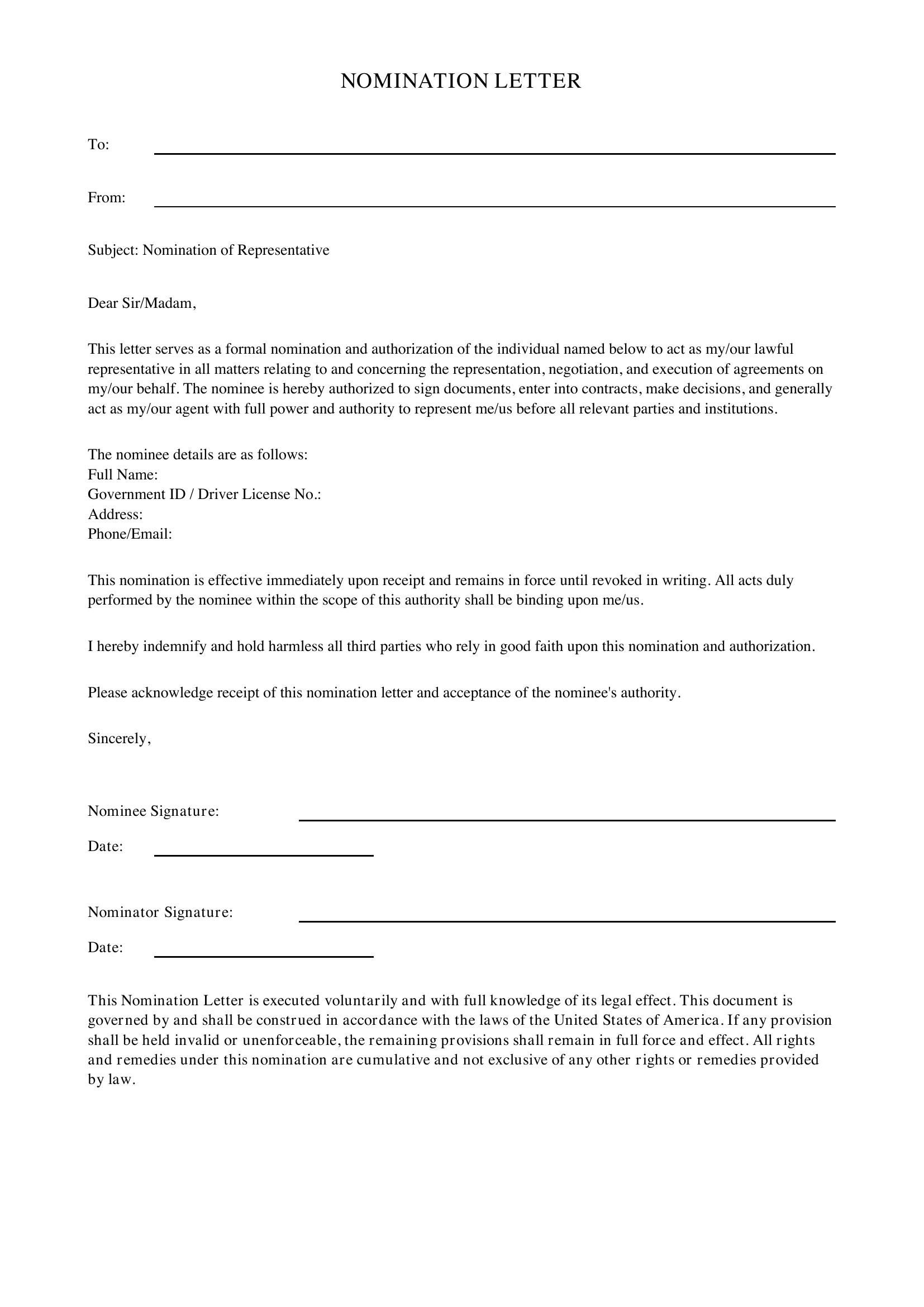 Nomination Letter Template - US