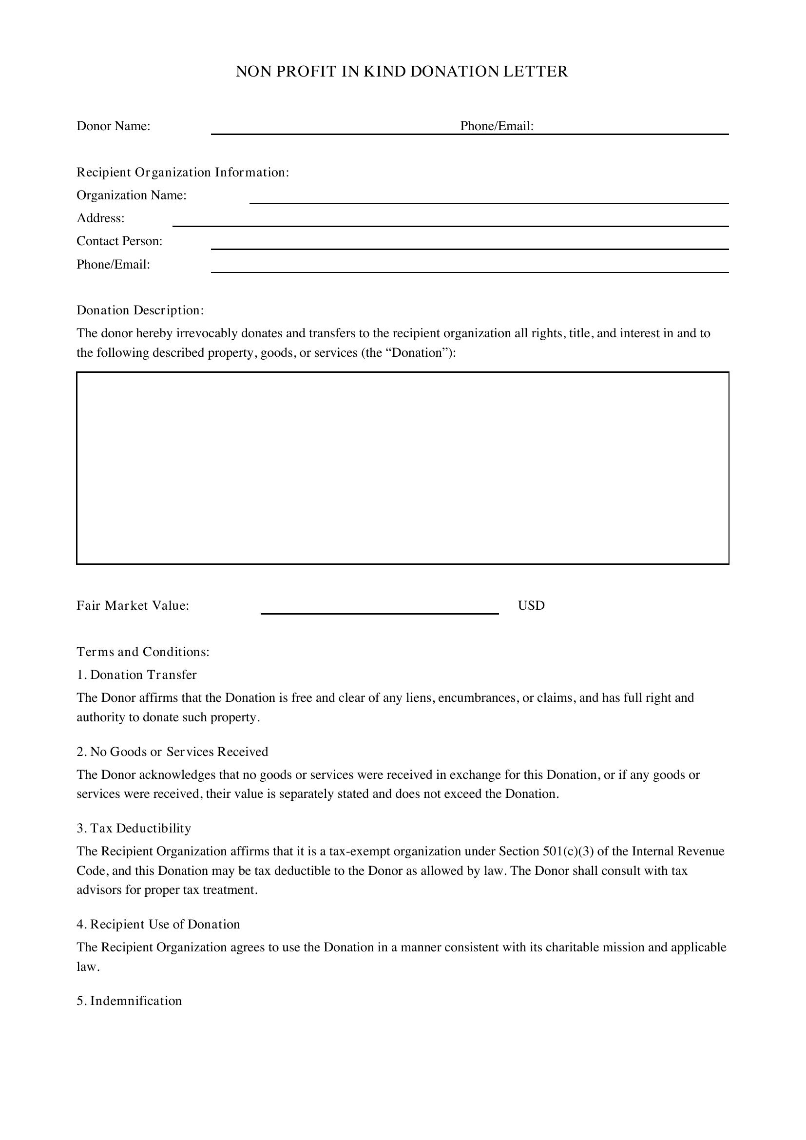 Non Profit In Kind Donation Letter Template - US