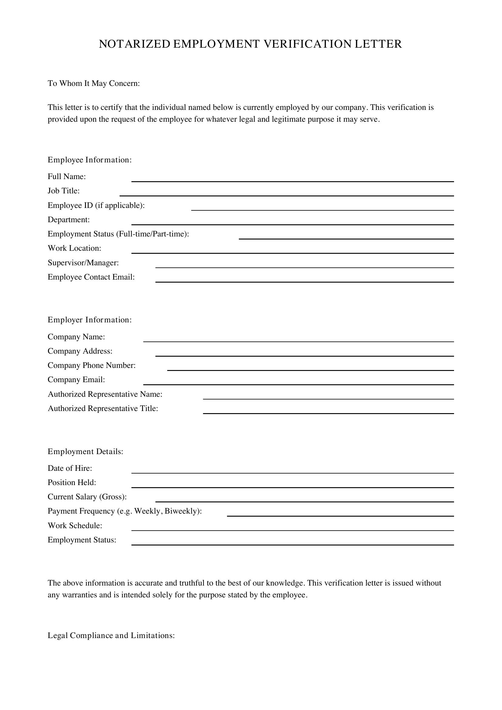 Notarized Employment Verification Letter Template - US