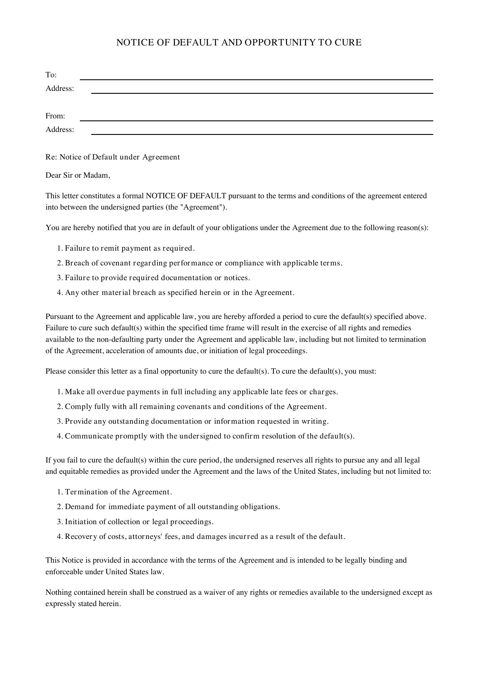 Notice Of Default Letter Template - US