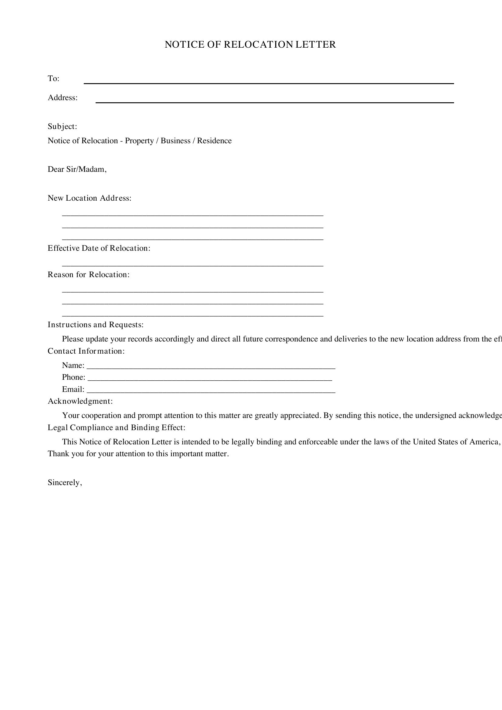 Notice Of Relocation Letter Template - US